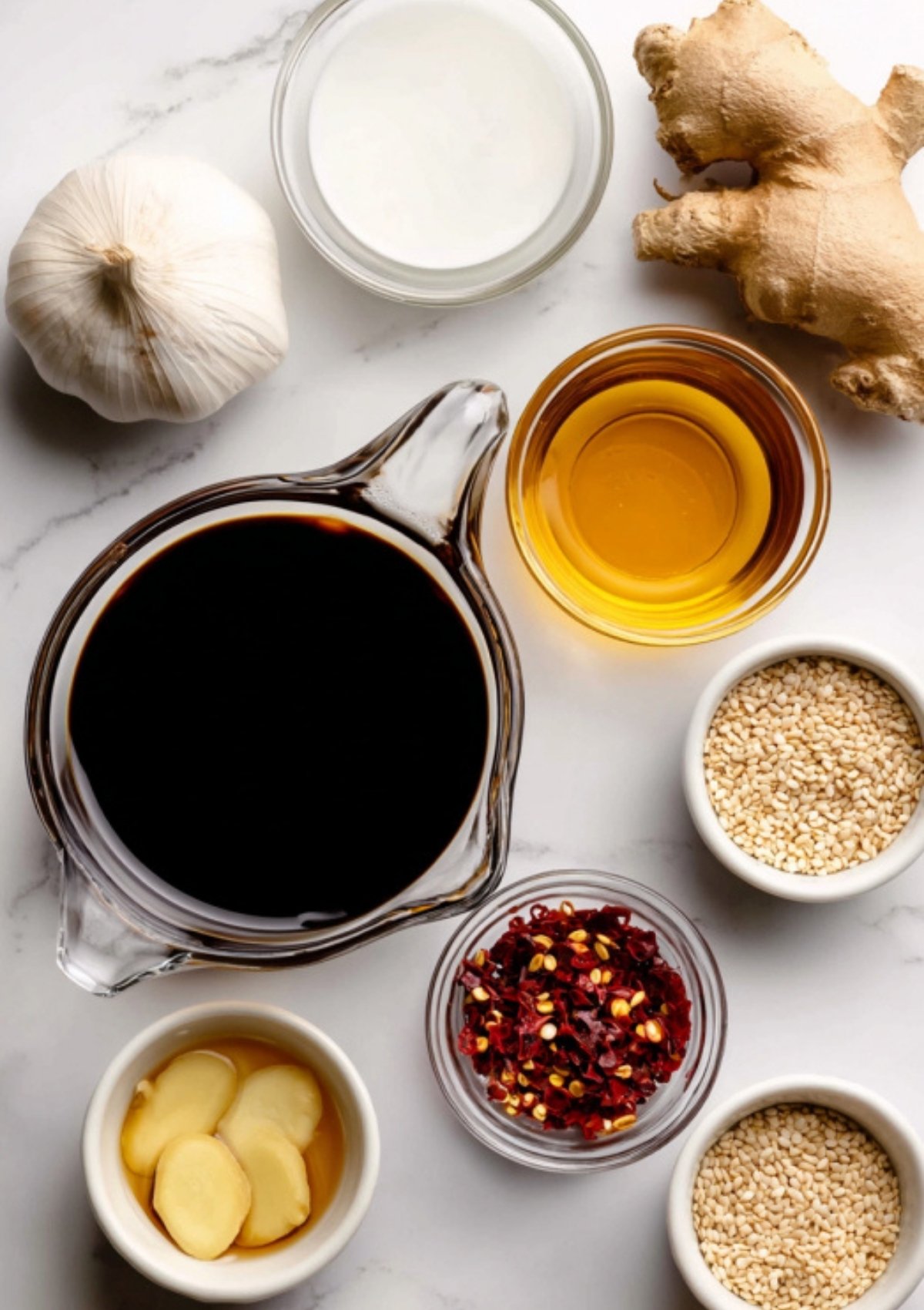 Flat lay of sesame sauce ingredients including soy sauce, sesame oil, garlic, ginger, honey, vinegar, and sesame seeds.