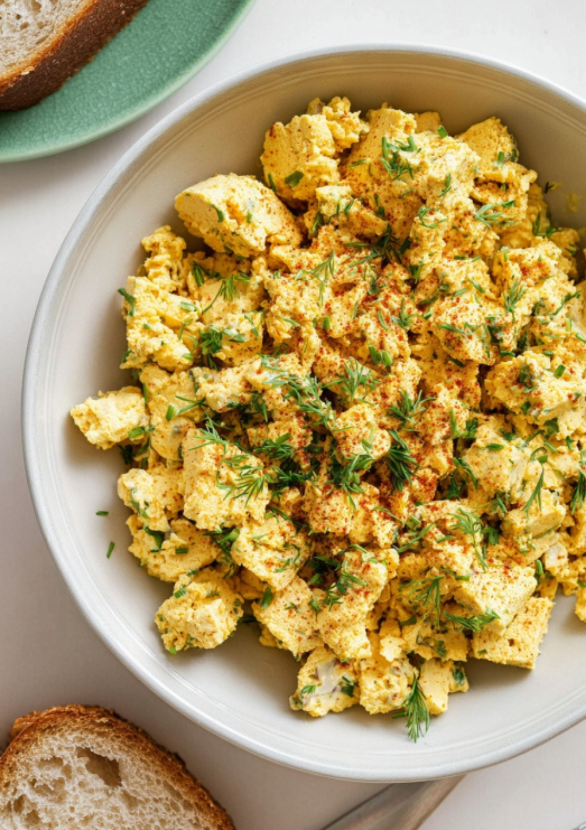 Large bowl of tofu egg salad with fresh dill and paprika, perfect for vegan sandwiches or wraps, surrounded by slices of bread.
