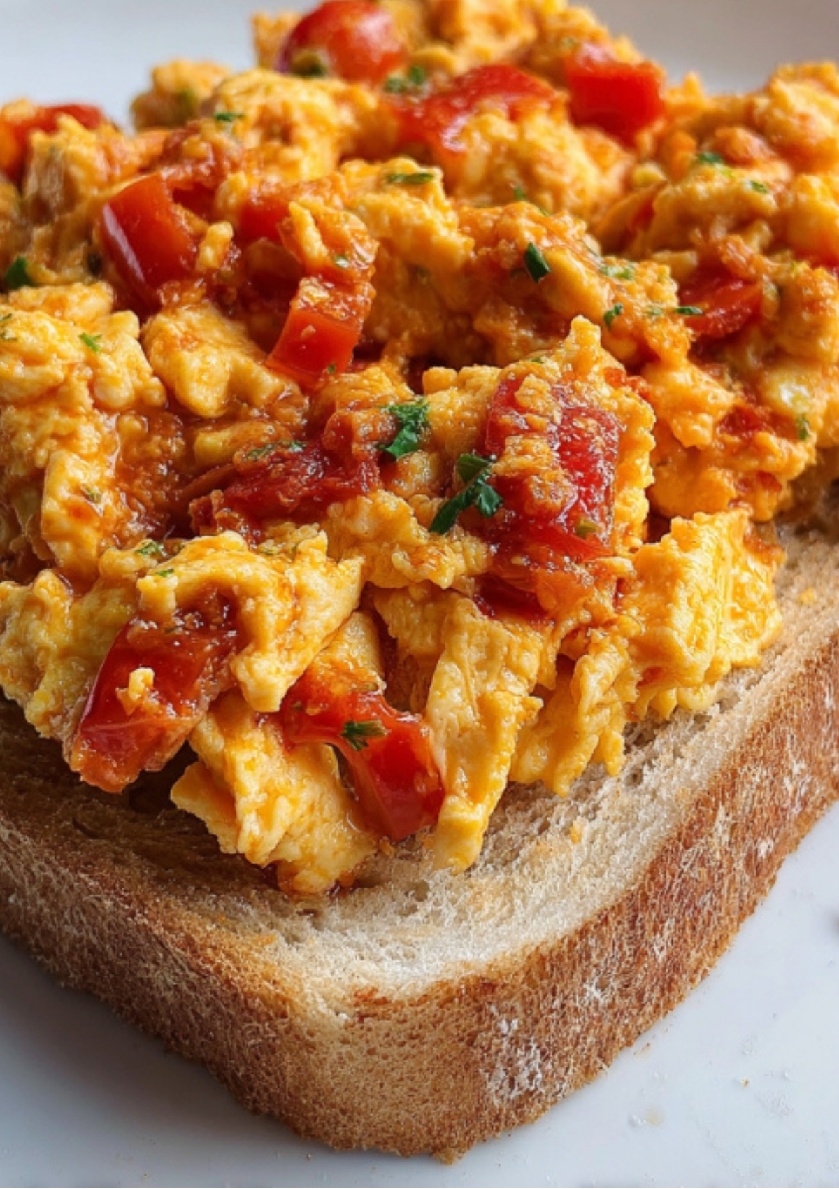 Fluffy Nigerian egg sauce with tomatoes and peppers served generously over a slice of fresh bread.