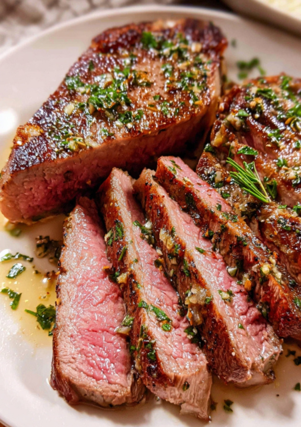 Medium rare sliced sirloin steak with garlic herb butter on a plate. Perfect for cast iron steak, fast dinners, and homemade steak recipes.