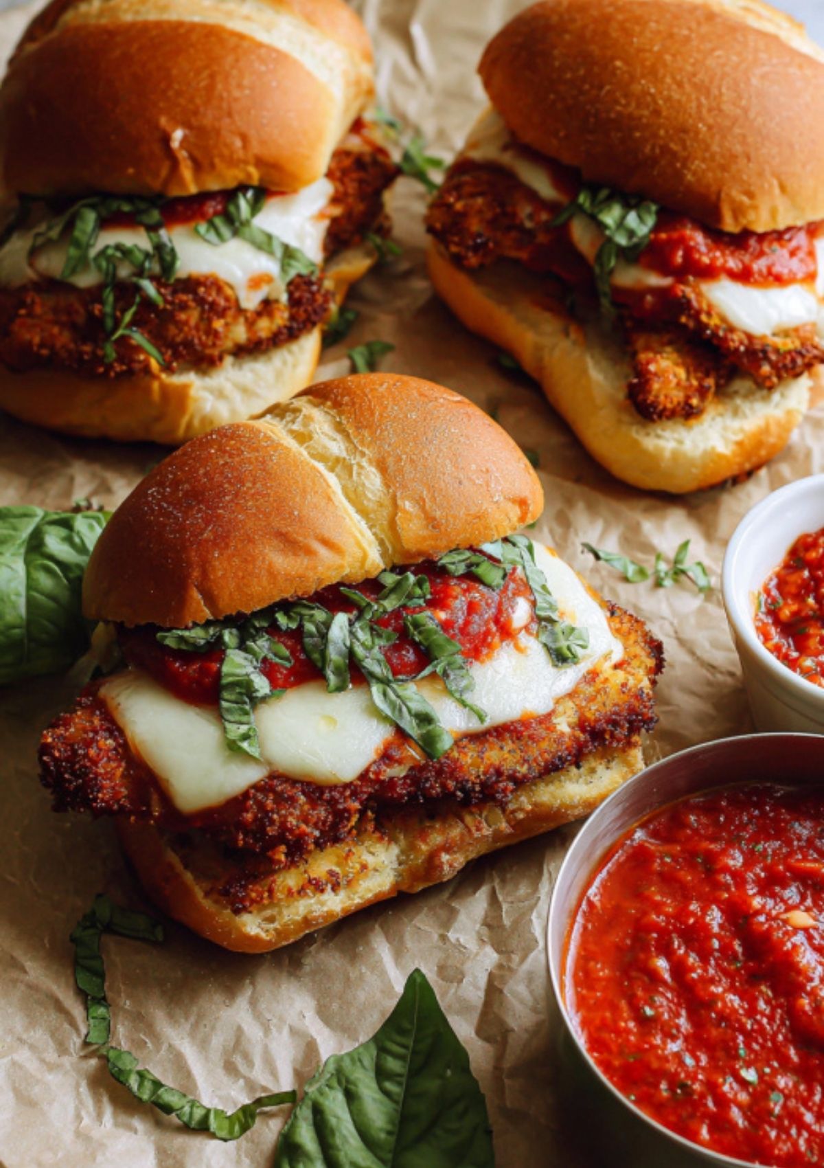 Fully assembled chicken parmesan sandwiches with crispy chicken, melty cheese, fresh basil, and marinara on soft rolls.
