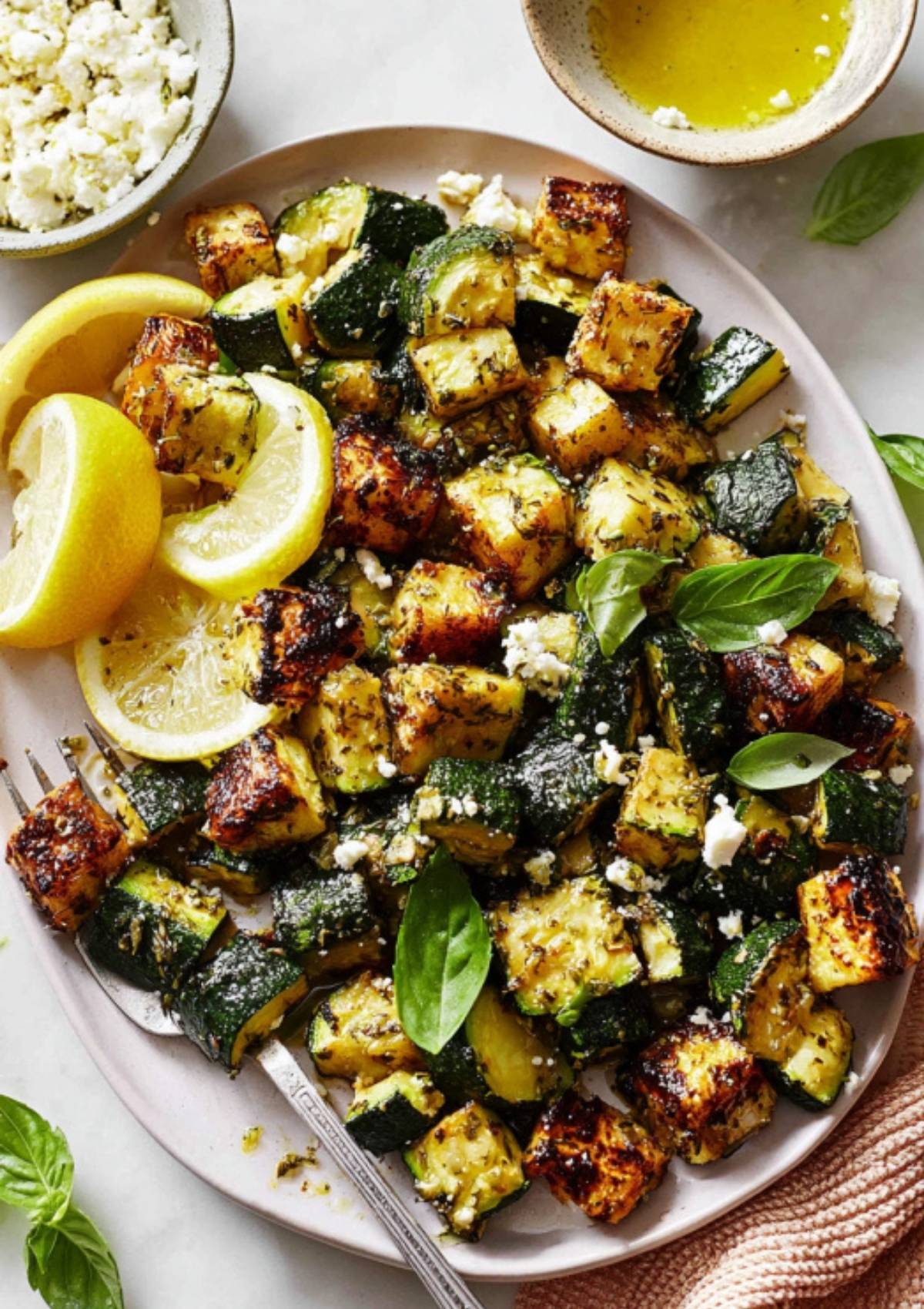 Serving platter of crispy, herbed roasted zucchini cubes with feta, lemon, and basil leaves.
