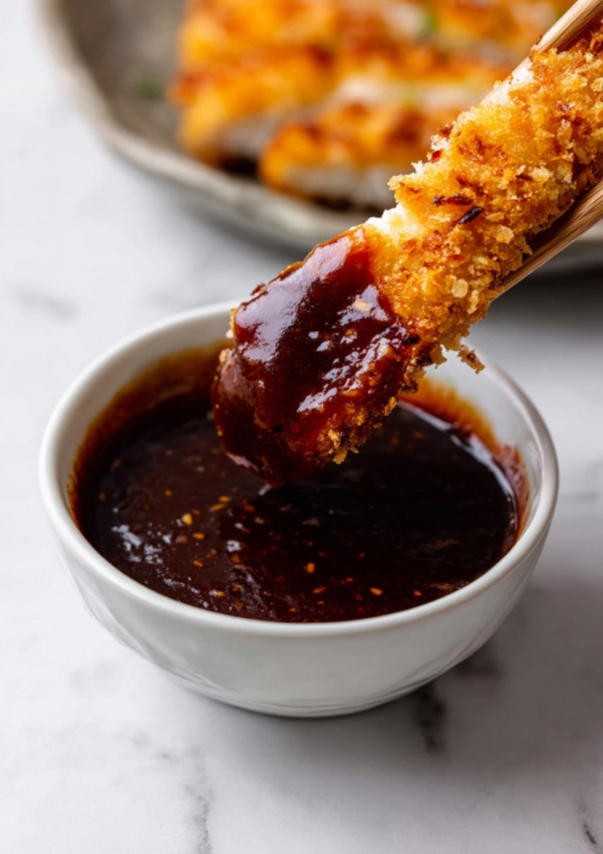 Breaded and fried katsu strip being dipped into a bowl of rich Japanese katsu sauce.