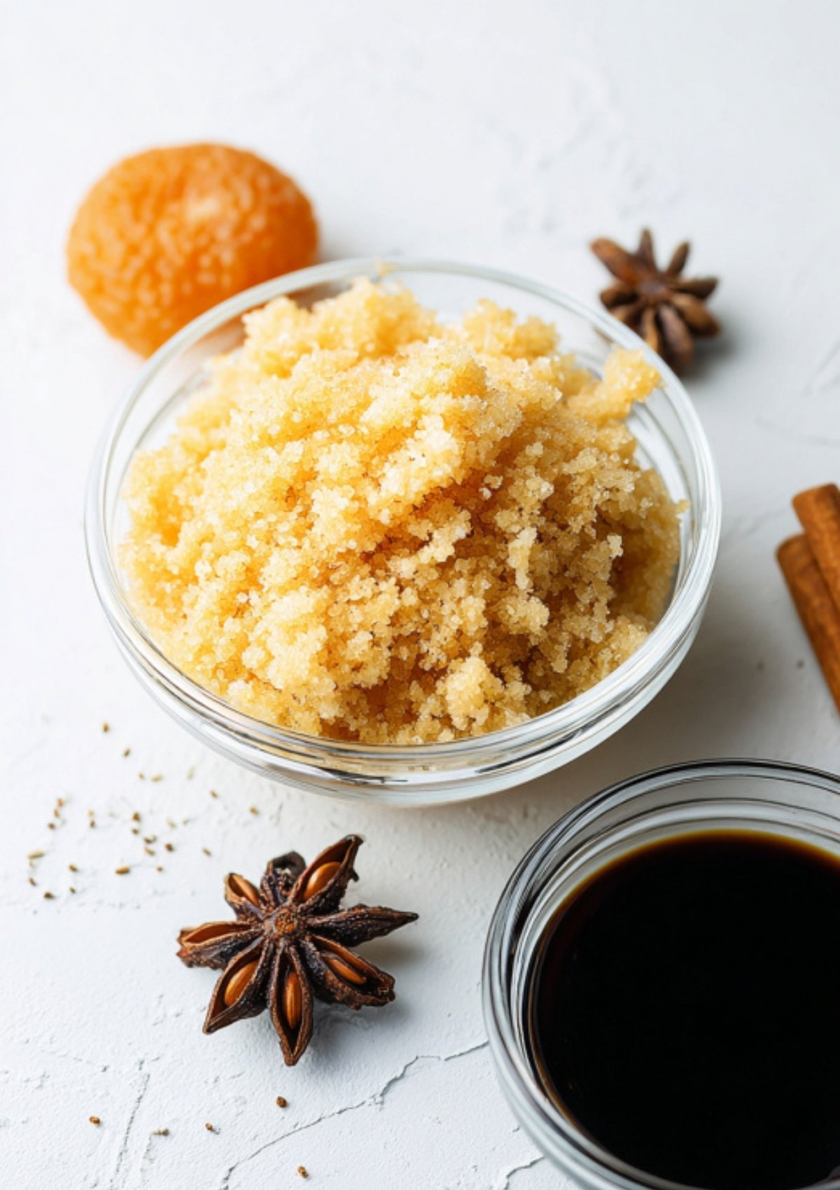 Palm sugar, brown sugar, star anise, and soy sauce in small bowls on a white surface, showing the simple pantry staples for homemade sweet soy sauce.