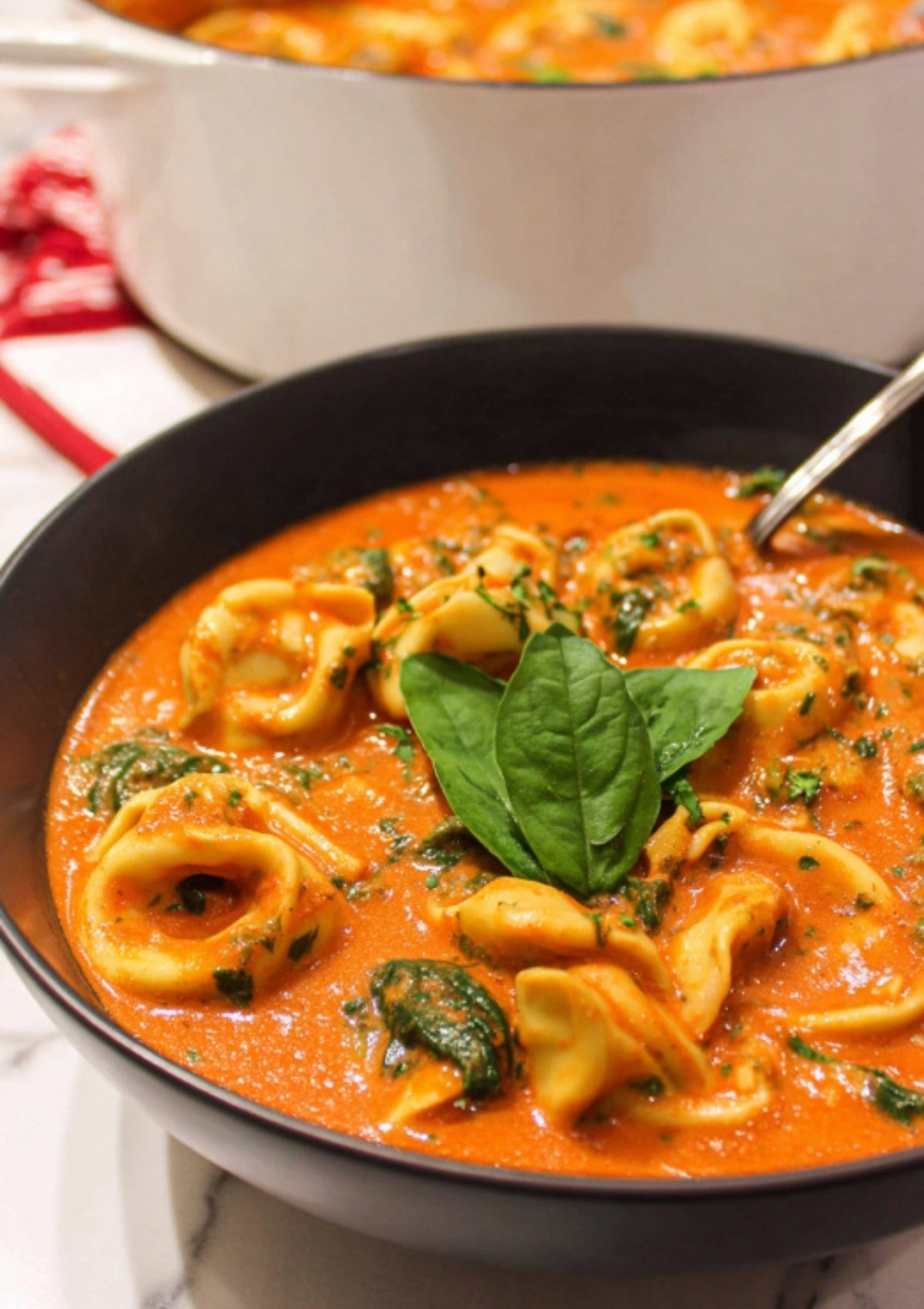 A black bowl of creamy tomato tortellini soup garnished with fresh spinach, ready to serve.