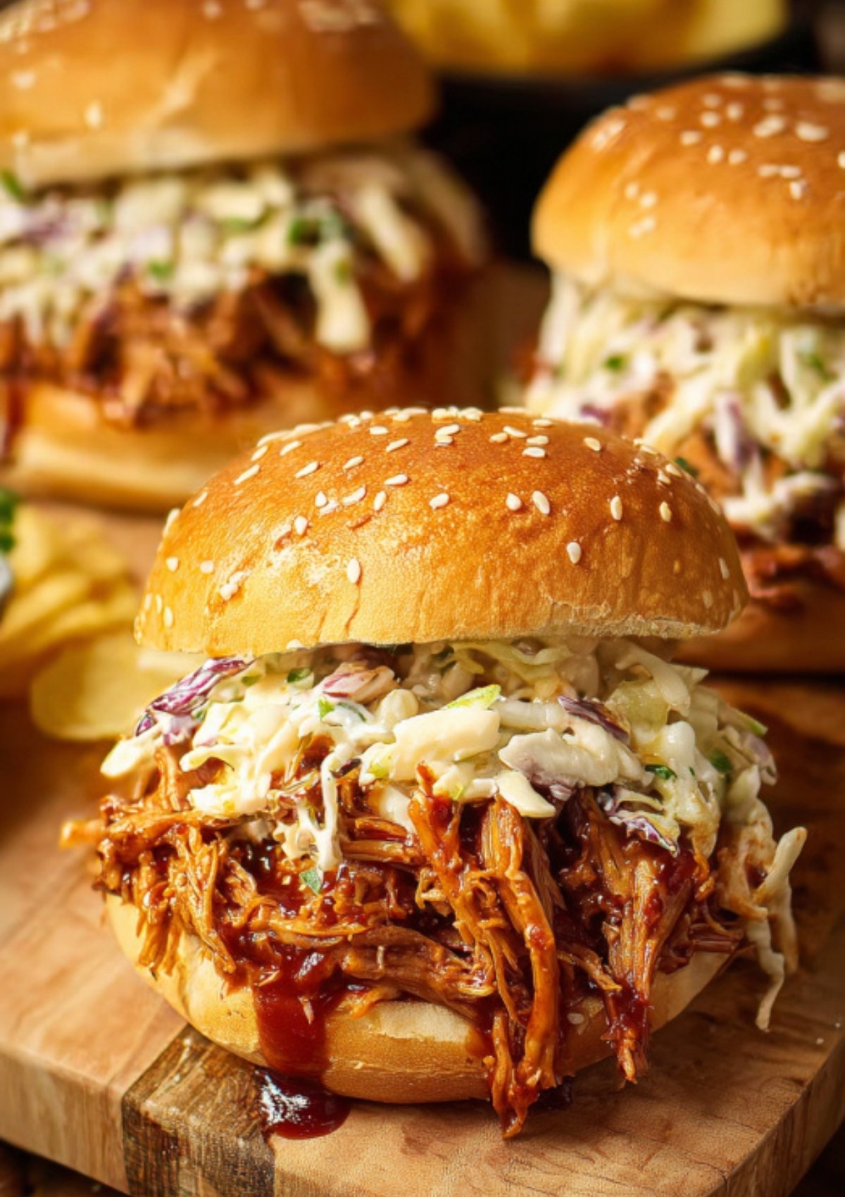 Pulled pork sandwich loaded with barbecue sauce and creamy coleslaw on a sesame bun.