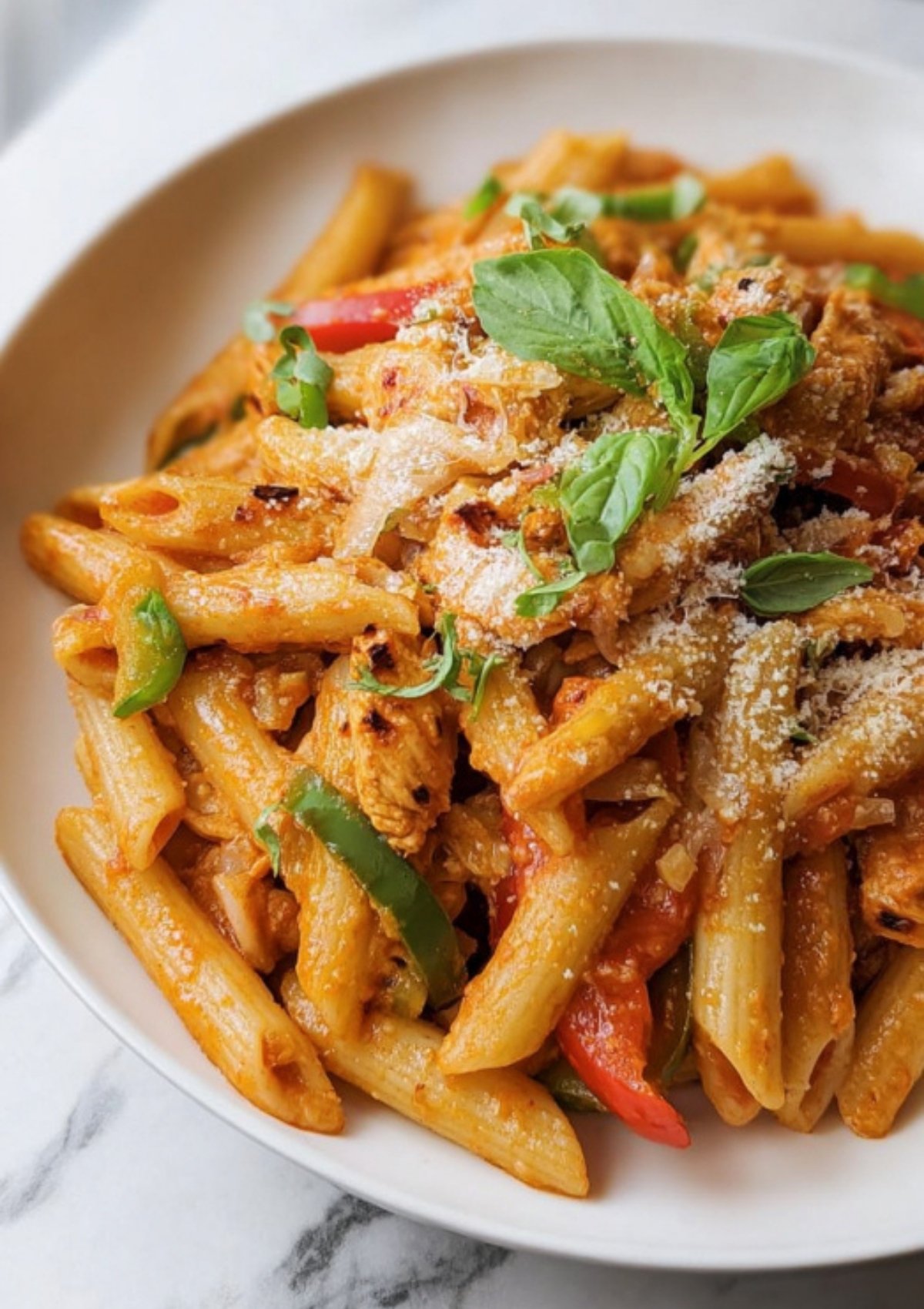 Close-up of creamy chicken fajita pasta with penne, bell peppers, parmesan, and fresh basil in a white bowl. Perfect for Tex-Mex pasta recipes, easy comfort food, and quick family dinners.