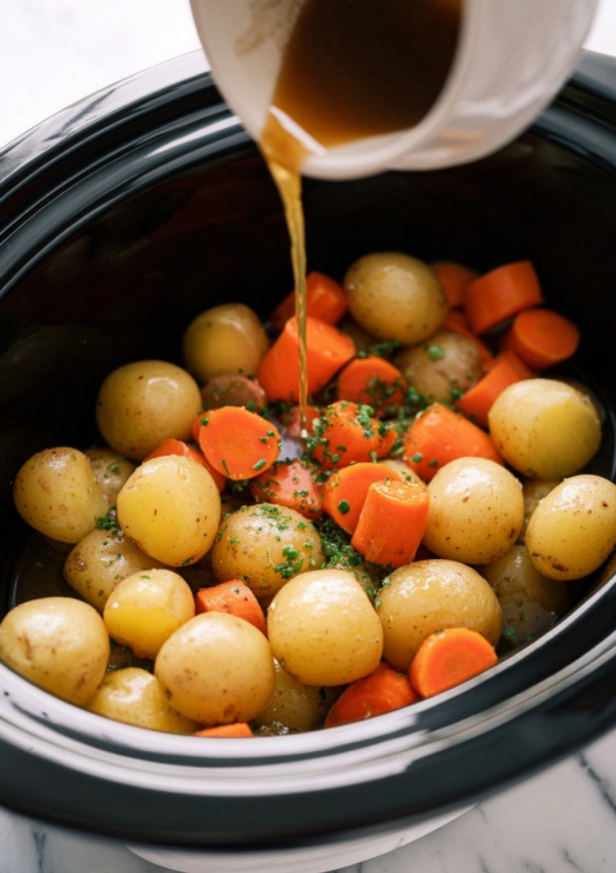 Beef broth being poured into a slow cooker over baby potatoes and sliced carrots.