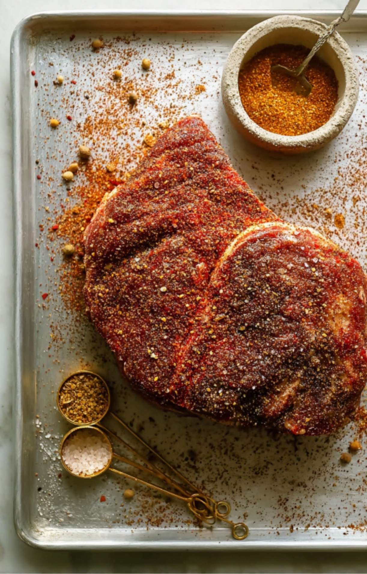 Chuck roast covered in homemade BBQ seasoning on a baking tray with spice jars and measuring spoons