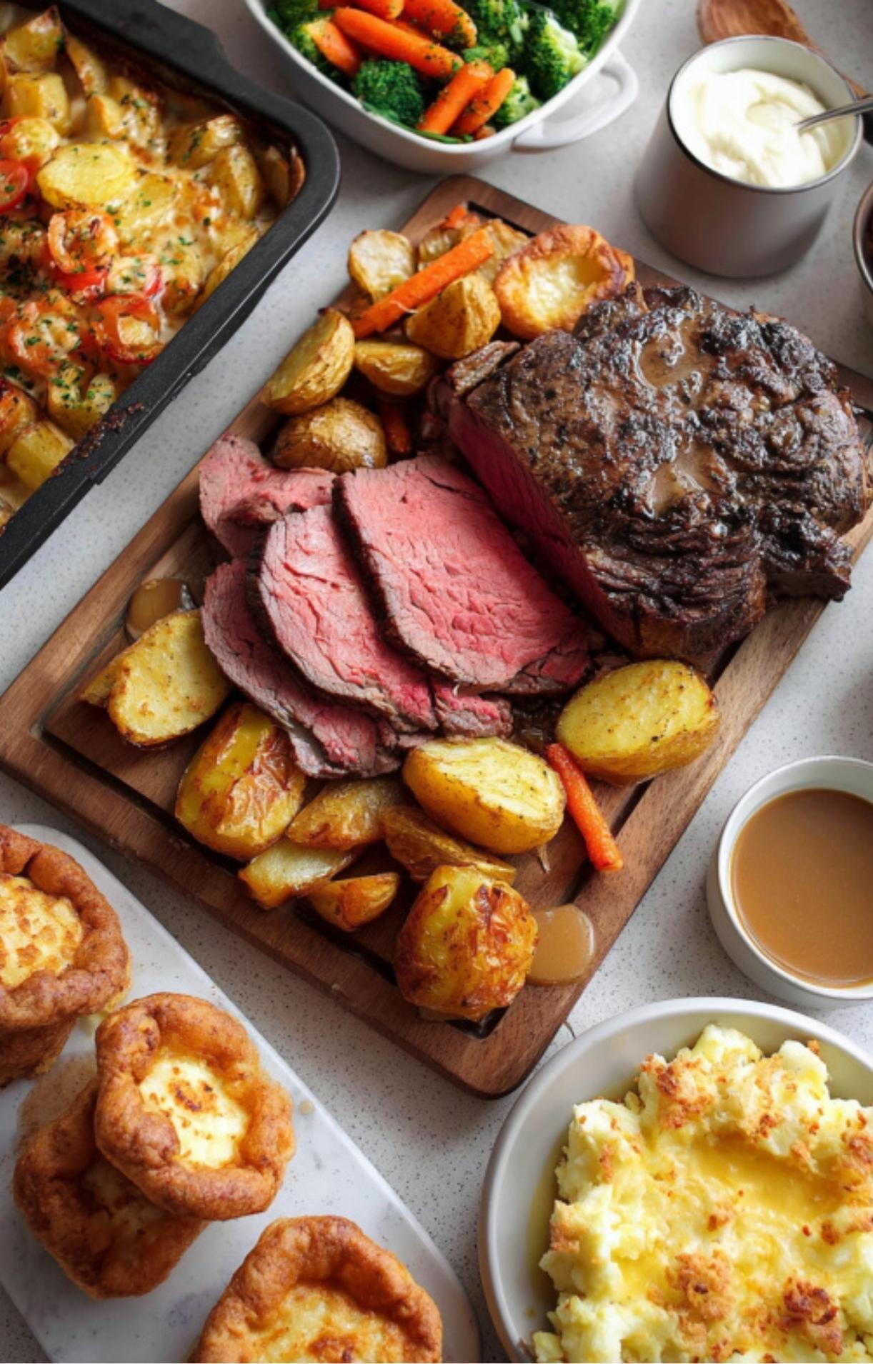 Full Sunday roast feast with sliced beef, crispy potatoes, carrots, Yorkshire puddings, cheesy mash, and gravy.