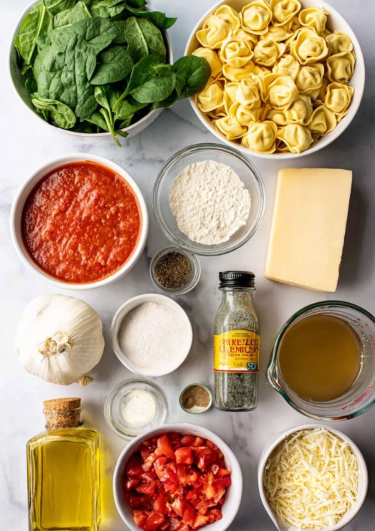 Flat lay of fresh spinach, cheese tortellini, tomatoes, broth, garlic, flour, parmesan, olive oil, and herbs for creamy tomato tortellini.
