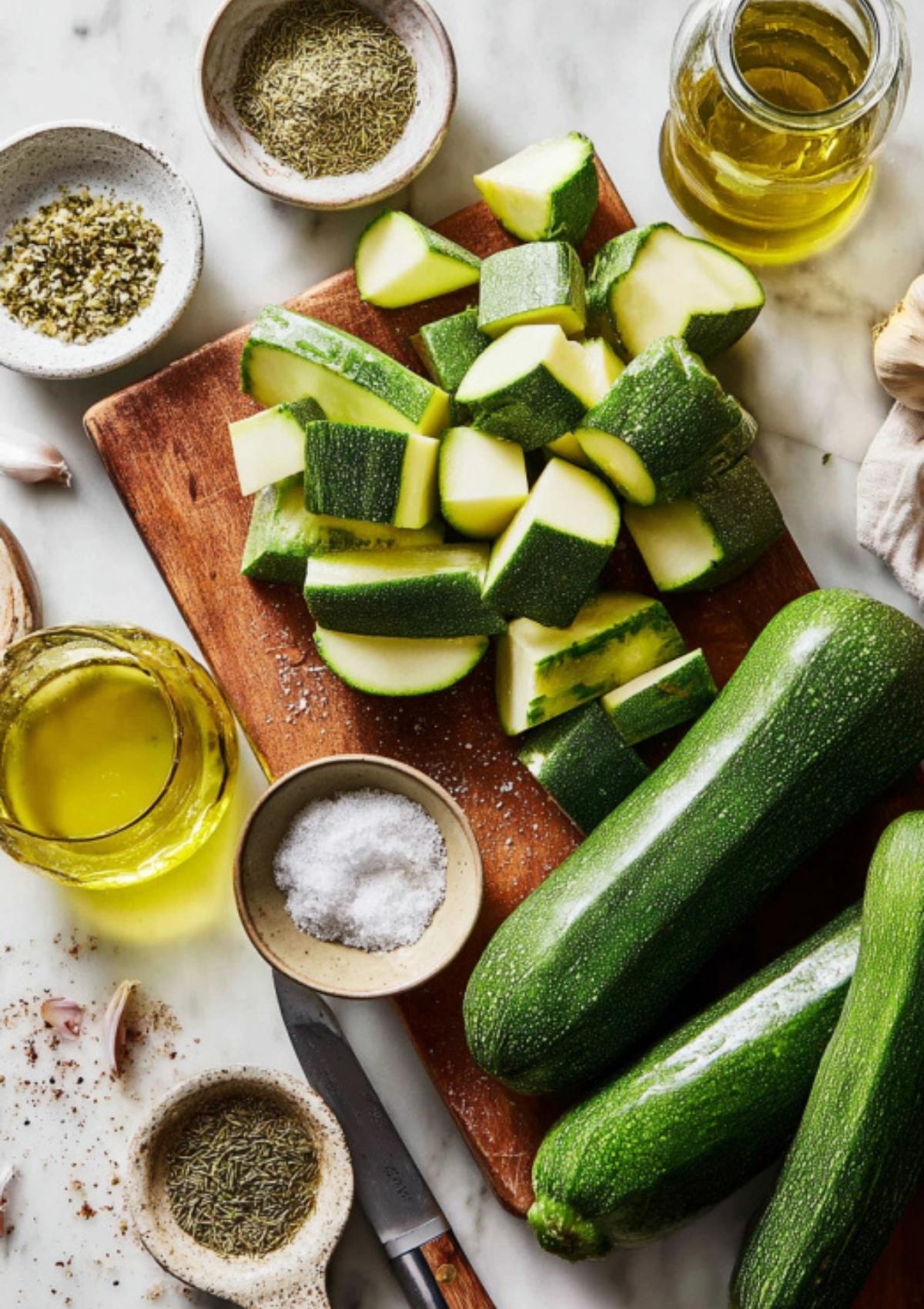 Freshly chopped zucchini on a cutting board with bowls of herbs, olive oil, and salt.