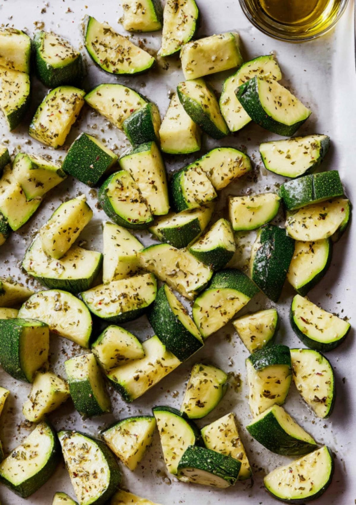 Raw zucchini pieces tossed with olive oil and herbs on a baking tray, ready to roast.