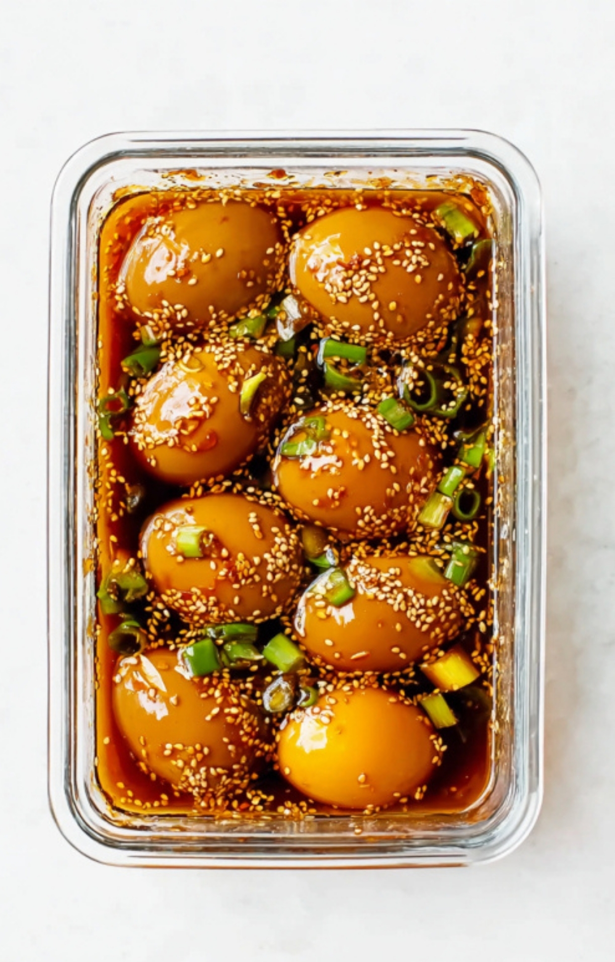 Eggs marinating in a savory soy sauce with scallions and sesame seeds in a glass container