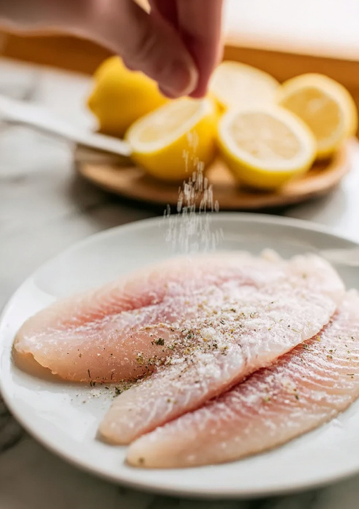 Hand sprinkling salt and herbs over raw tilapia fillets on a plate, with lemon halves in the background.