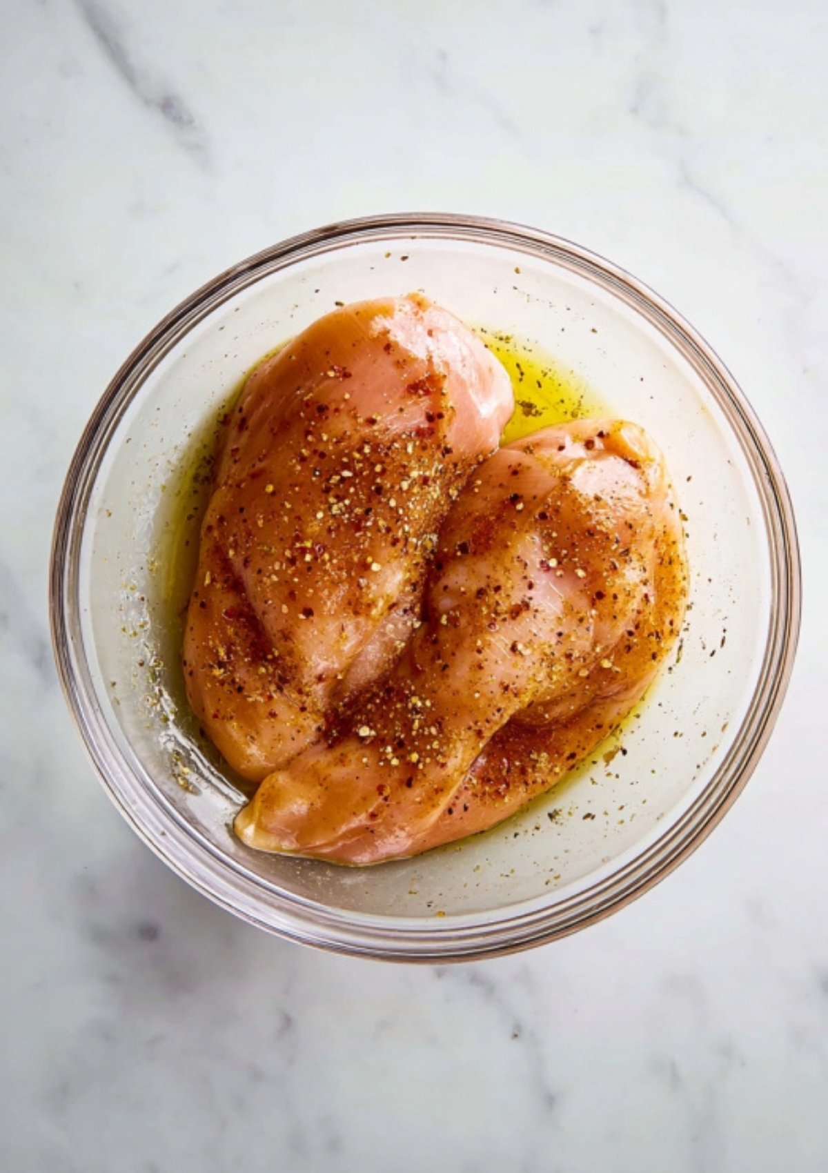 Chicken breasts marinating in olive oil and fajita seasoning for flavorful Southwest Chicken Salad