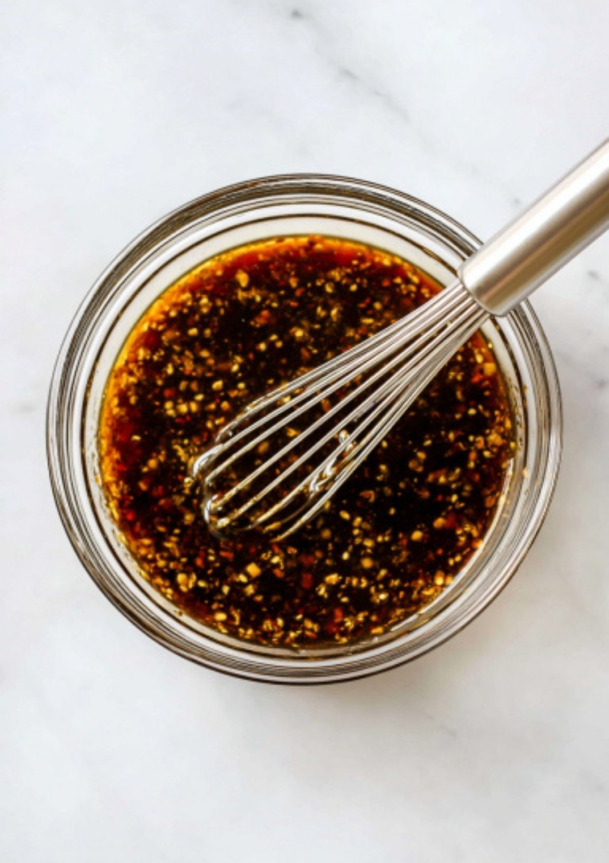 Glass bowl with sweet ginger soy sauce and a whisk, ready to coat tofu and veggies for a sticky, flavorful stir-fry sauce.