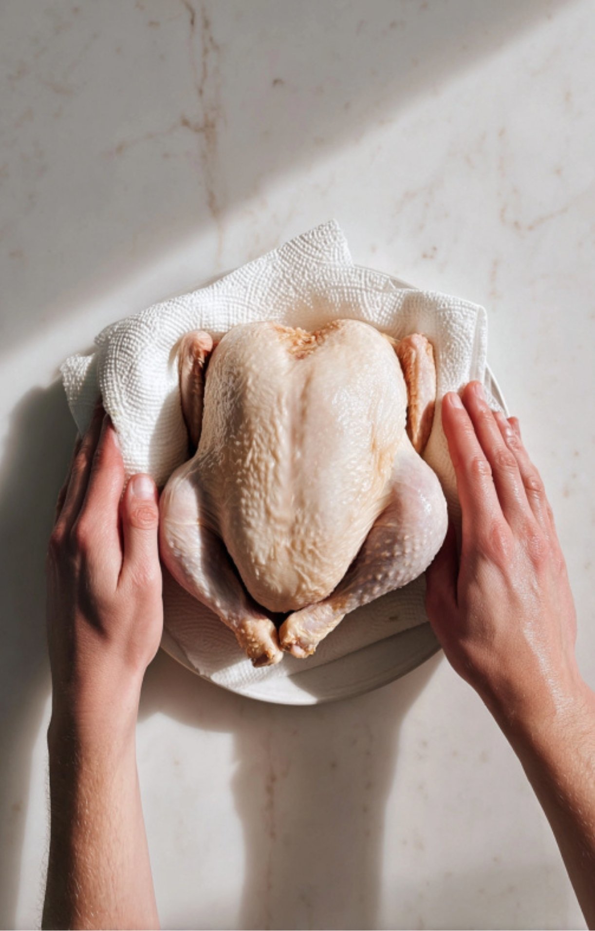 Hands patting raw whole chicken dry with paper towels on white plate, essential step for best roast chicken
