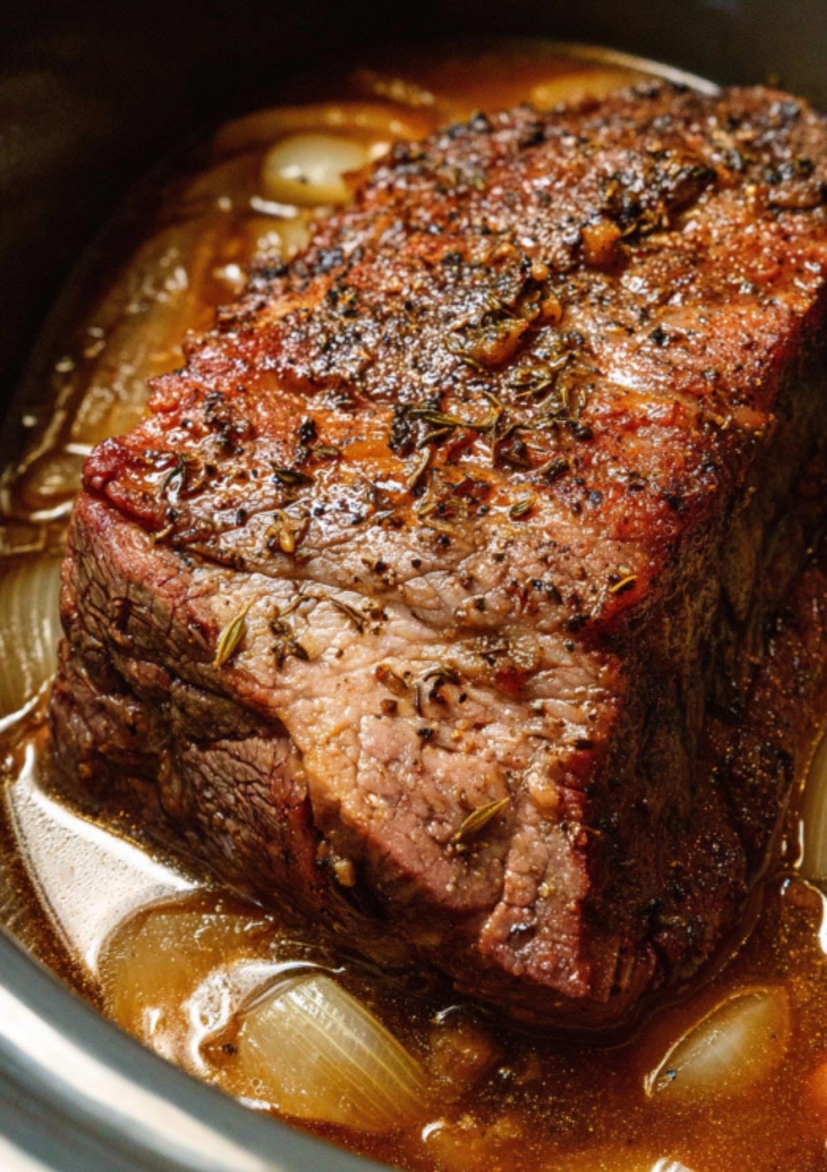 Close-up of roast beef crock pot cooking in a slow cooker, surrounded by savory broth and seasonings. Classic slow cooker beef roast for cozy meals.