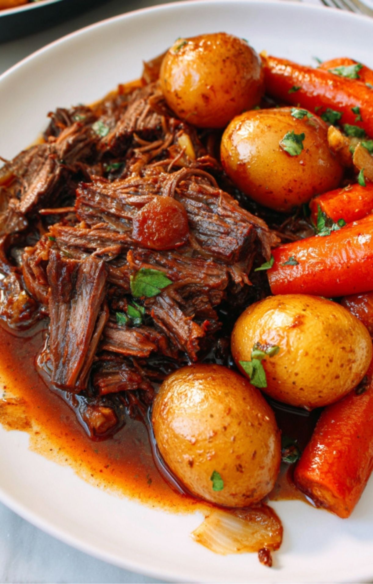 Close-up of tender shredded beef pot roast with baby potatoes and carrots in a rich brown sauce