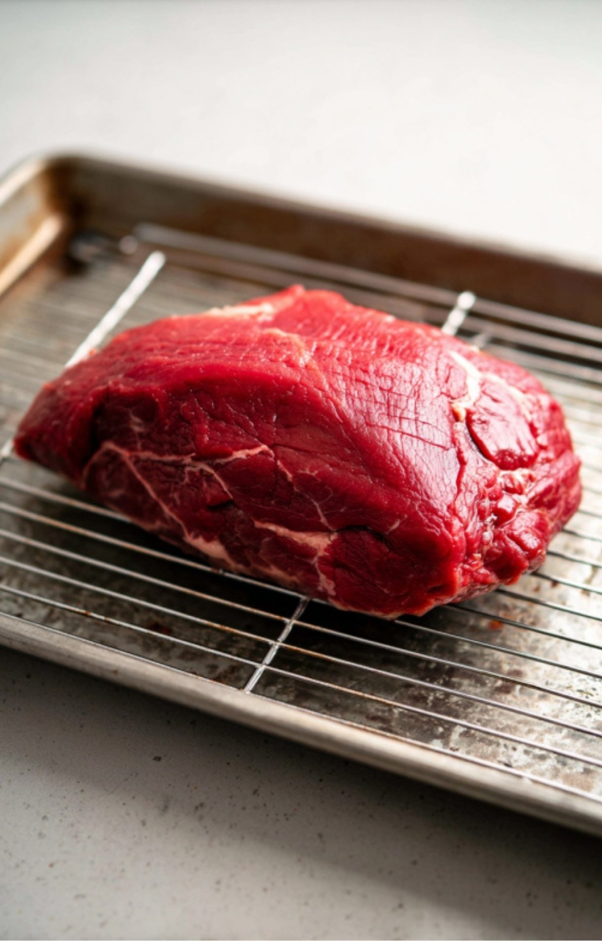 Uncooked beef roast sitting on a rack in a roasting pan, ready to become the centerpiece of a classic Sunday roast dinner.