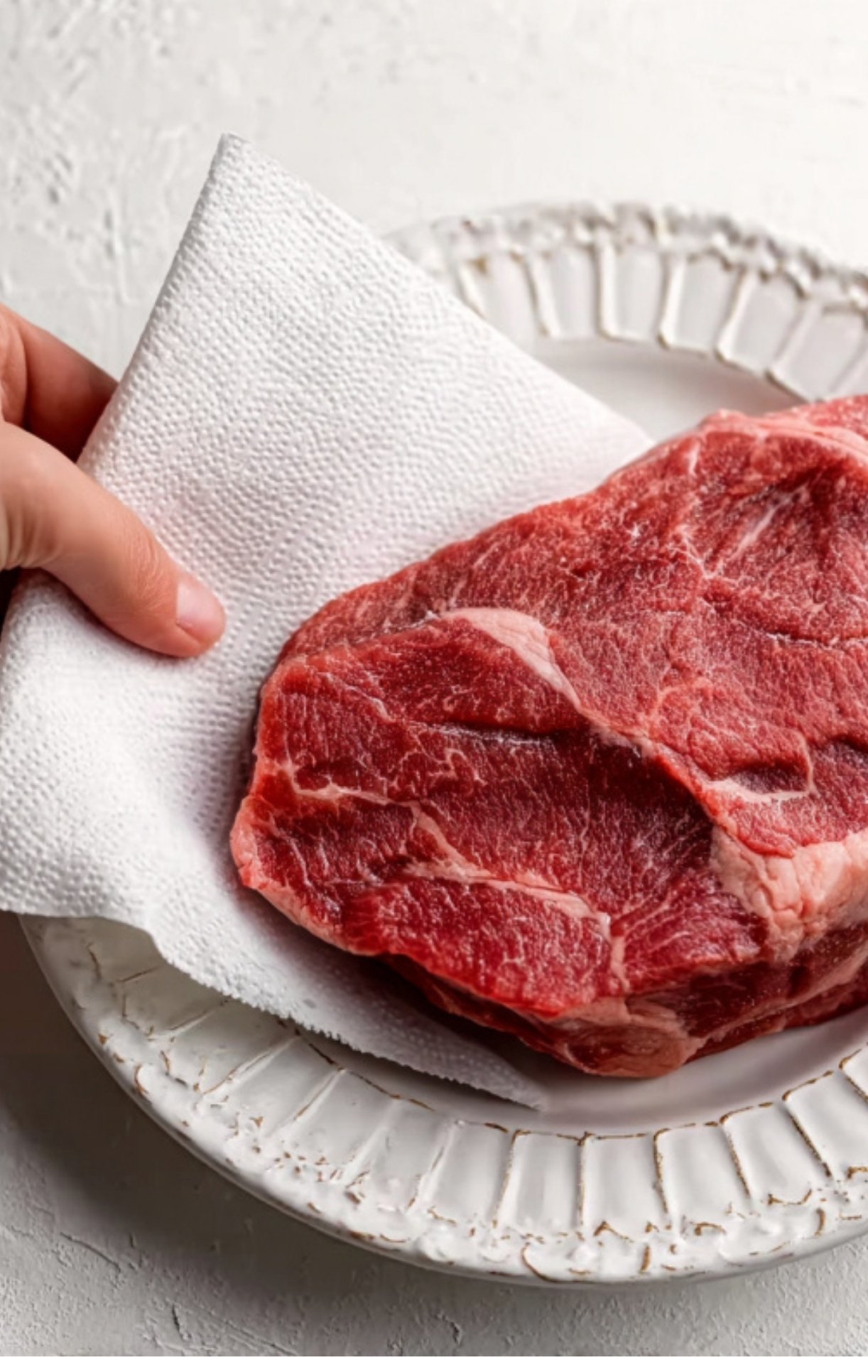 Hand patting a raw beef chuck roast dry with a paper towel on a white plate, prepping for Instant Pot Mississippi Pot Roast.