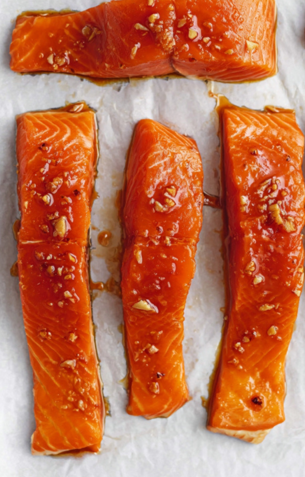 Raw salmon fillets marinating in a maple-soy garlic sauce on a baking sheet, sprinkled with fresh minced garlic.