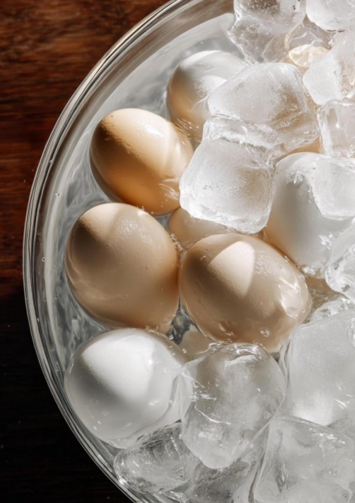 Several eggs cooling in a bowl of ice water to stop cooking and make peeling easier.
