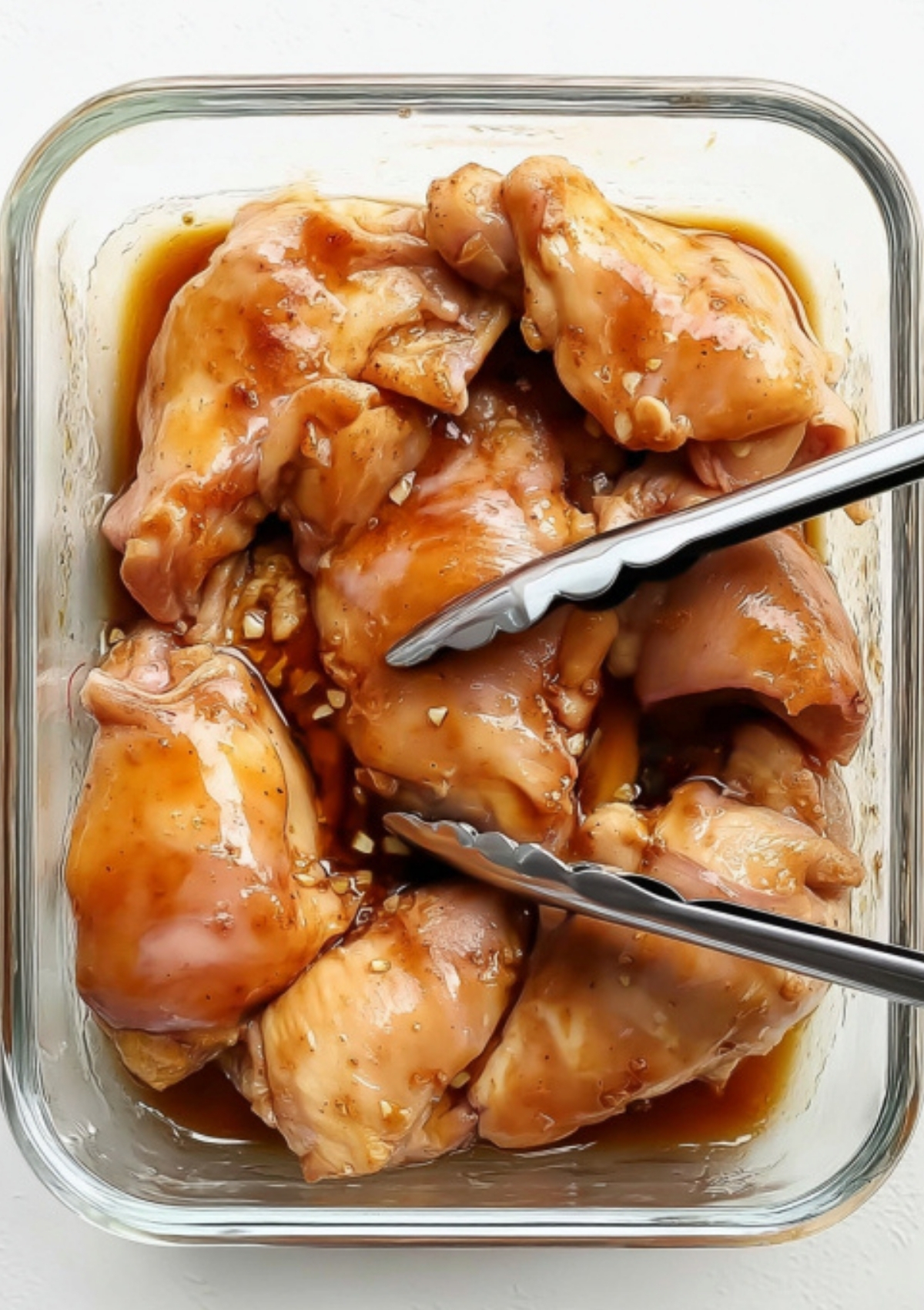 Raw chicken thighs in a glass dish being marinated in a soy sauce mixture, with metal tongs.
