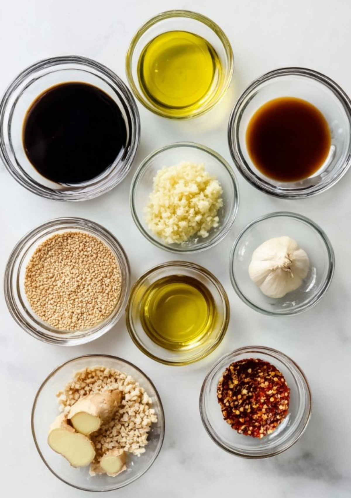 Flat lay of soy sauce, oils, ginger, garlic, sesame seeds, and chili flakes in small bowls. Essential ingredients for homemade soy ginger sauce.