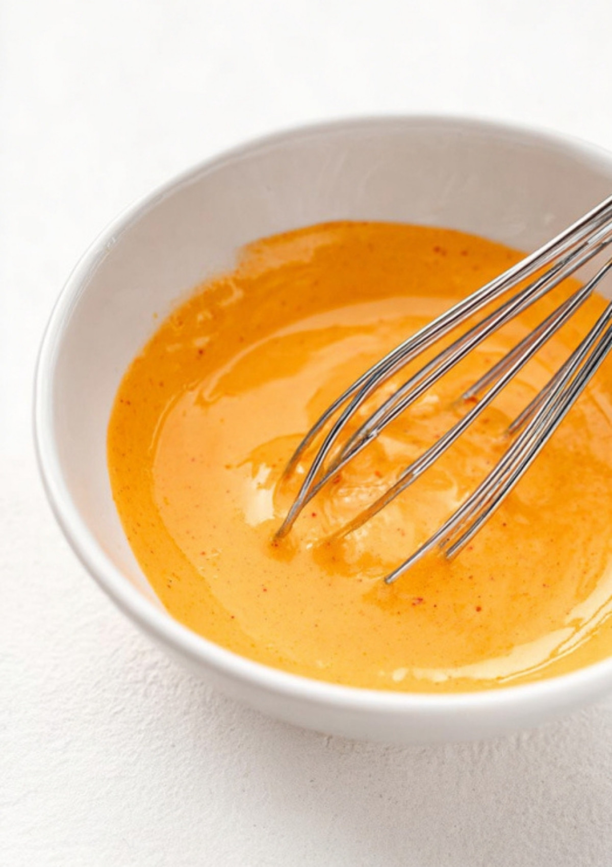 Small bowl of creamy spicy mayo sauce with whisk, ready for drizzling on spicy tuna rice bowls.