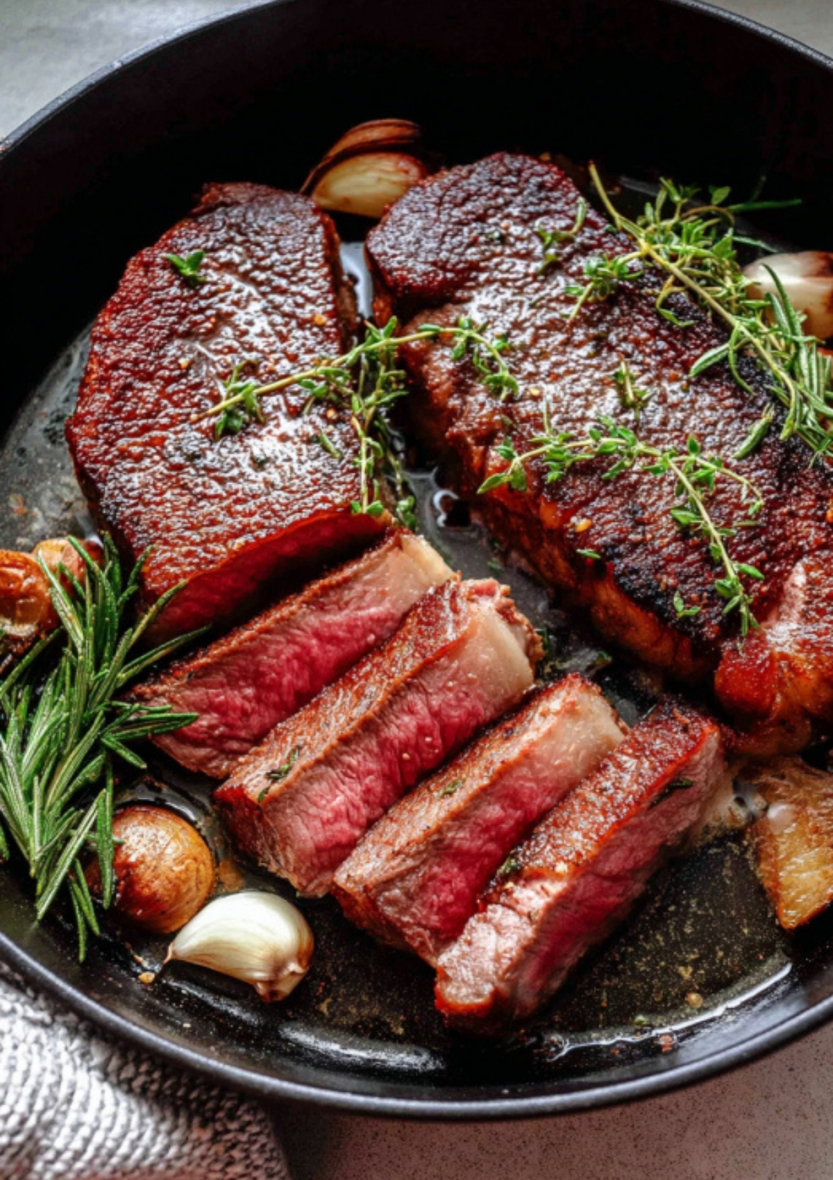 Sliced medium rare steak with seared crust in a cast iron skillet with rosemary, garlic cloves, and herbs. Great for steak lovers and easy dinner ideas.