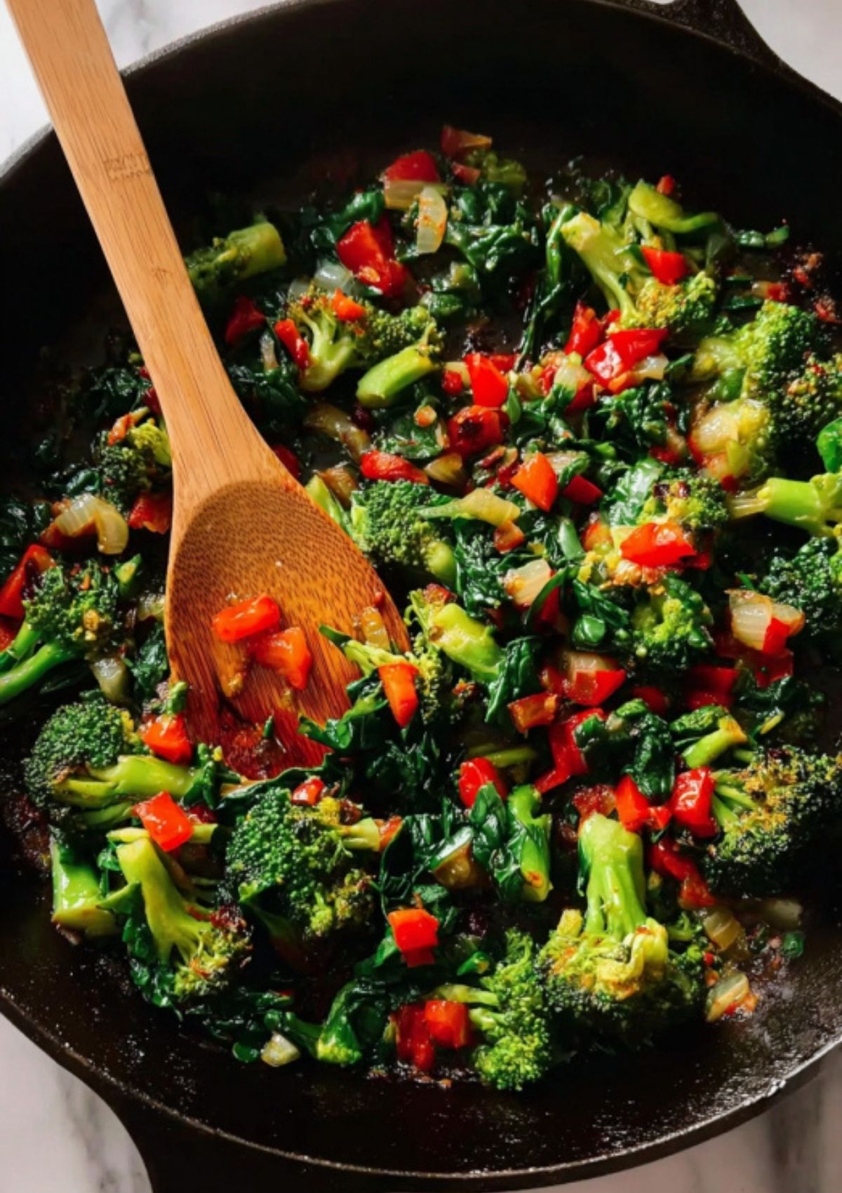 Sautéed broccoli, spinach, red bell pepper, and onion in a skillet, the perfect veggie filling for homemade black bean enchiladas.