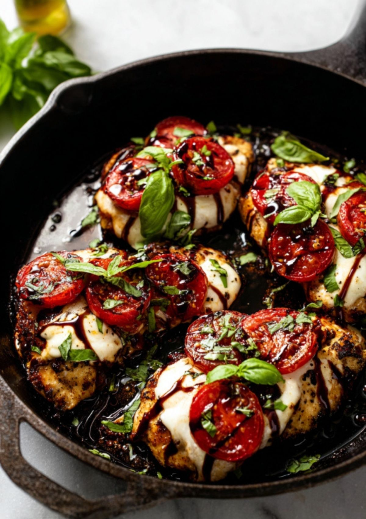 Close-up of a skillet showing chicken breasts with melted mozzarella, sliced tomatoes, basil leaves, and balsamic glaze, highlighting a fresh Caprese Chicken Skillet meal.
