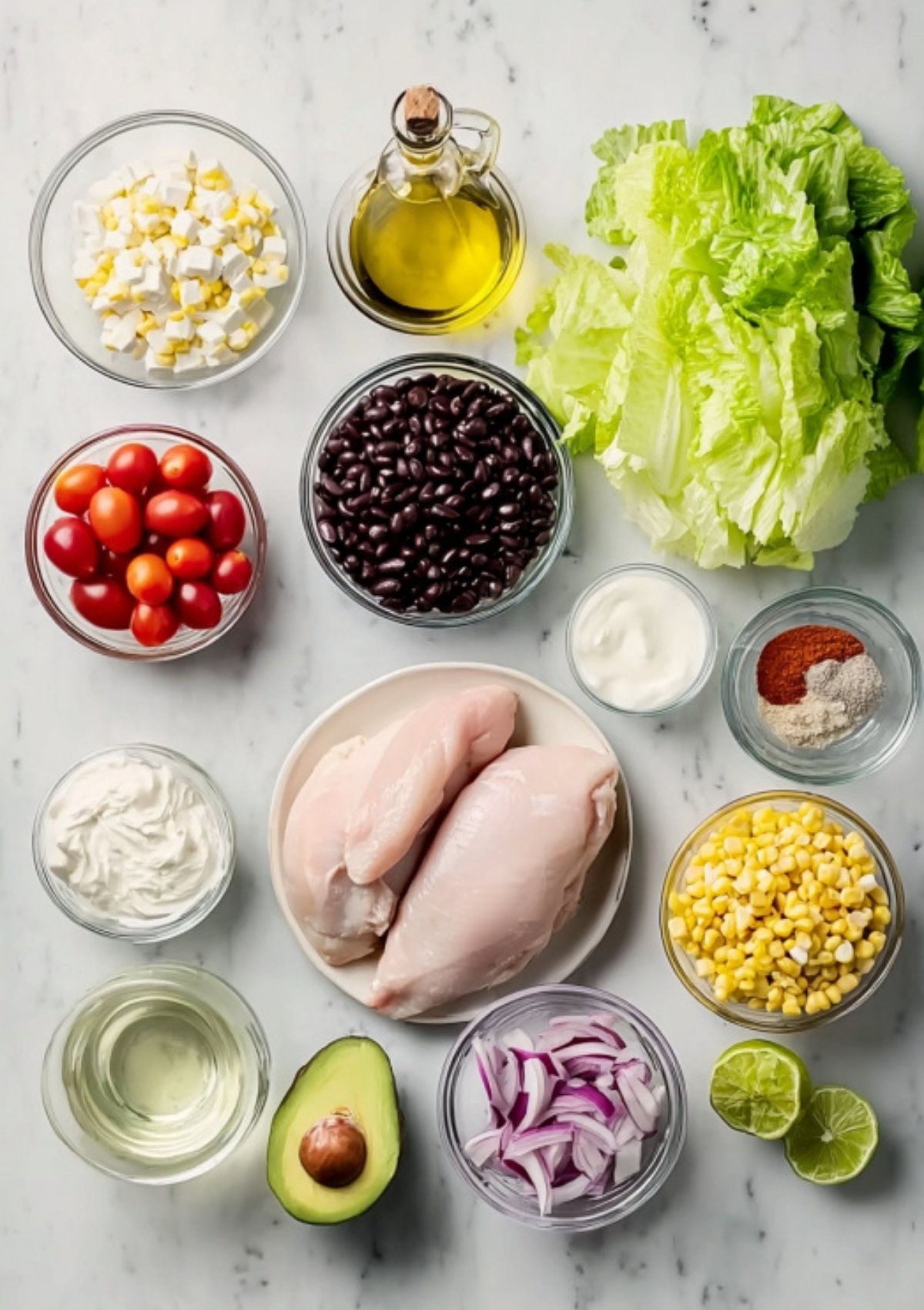 Overhead shot of raw chicken, black beans, corn, tomatoes, avocado, lettuce, red onion, limes, and seasonings for Southwest Chicken Salad