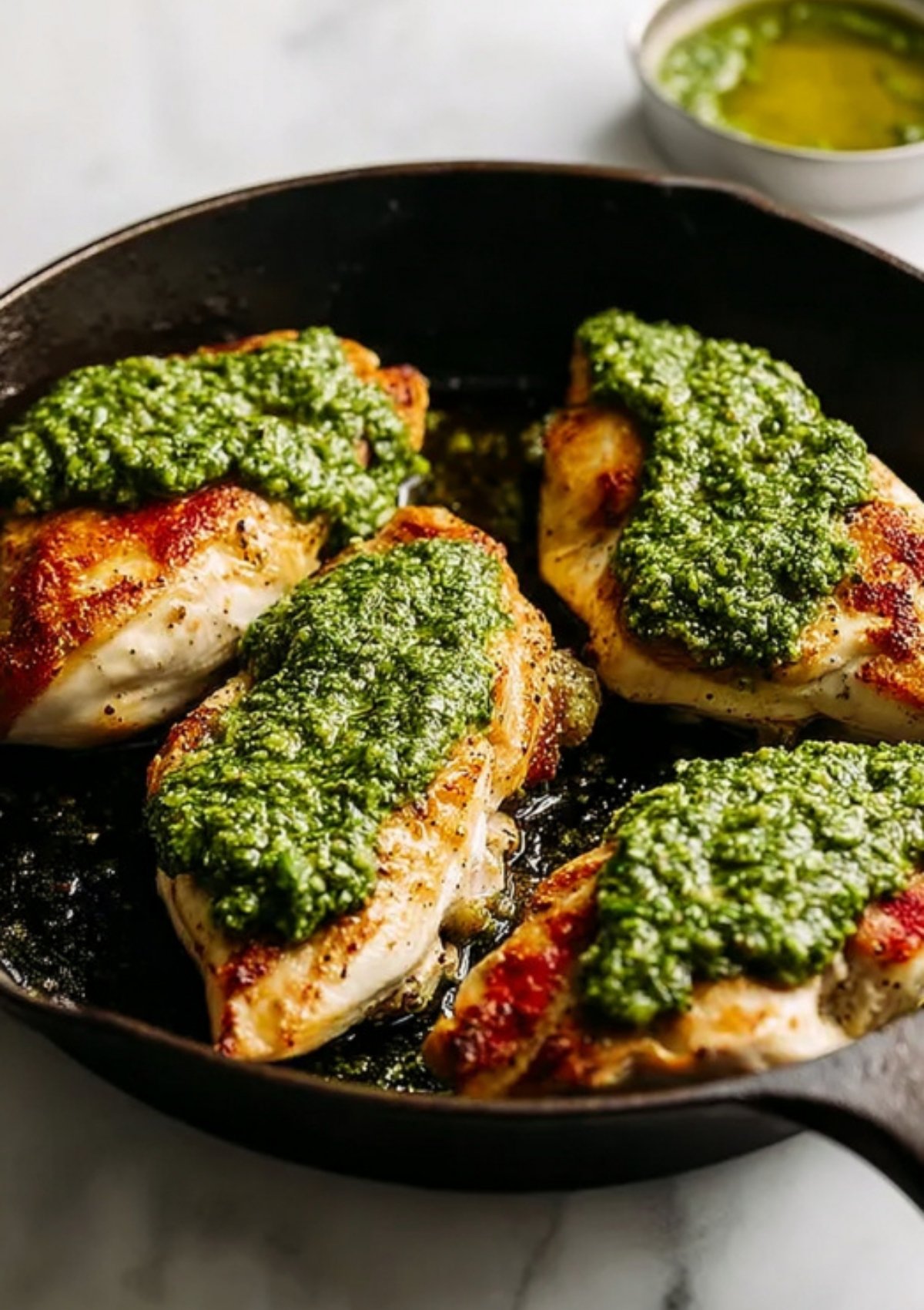 Sautéed chicken breasts in a skillet, each covered in fresh green pesto before adding mozzarella and tomatoes.