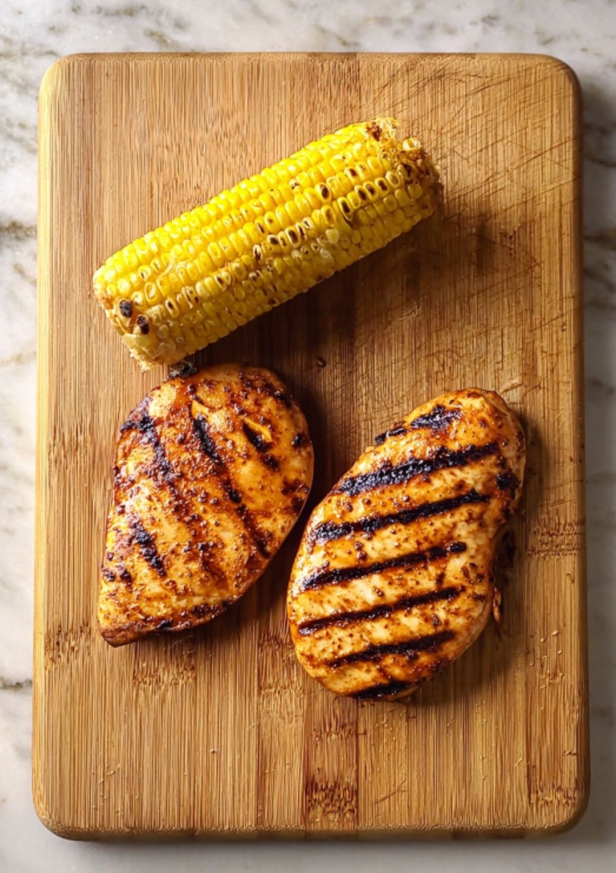 Freshly grilled chicken breasts and corn on a wooden cutting board, ready for Southwest Chicken Salad