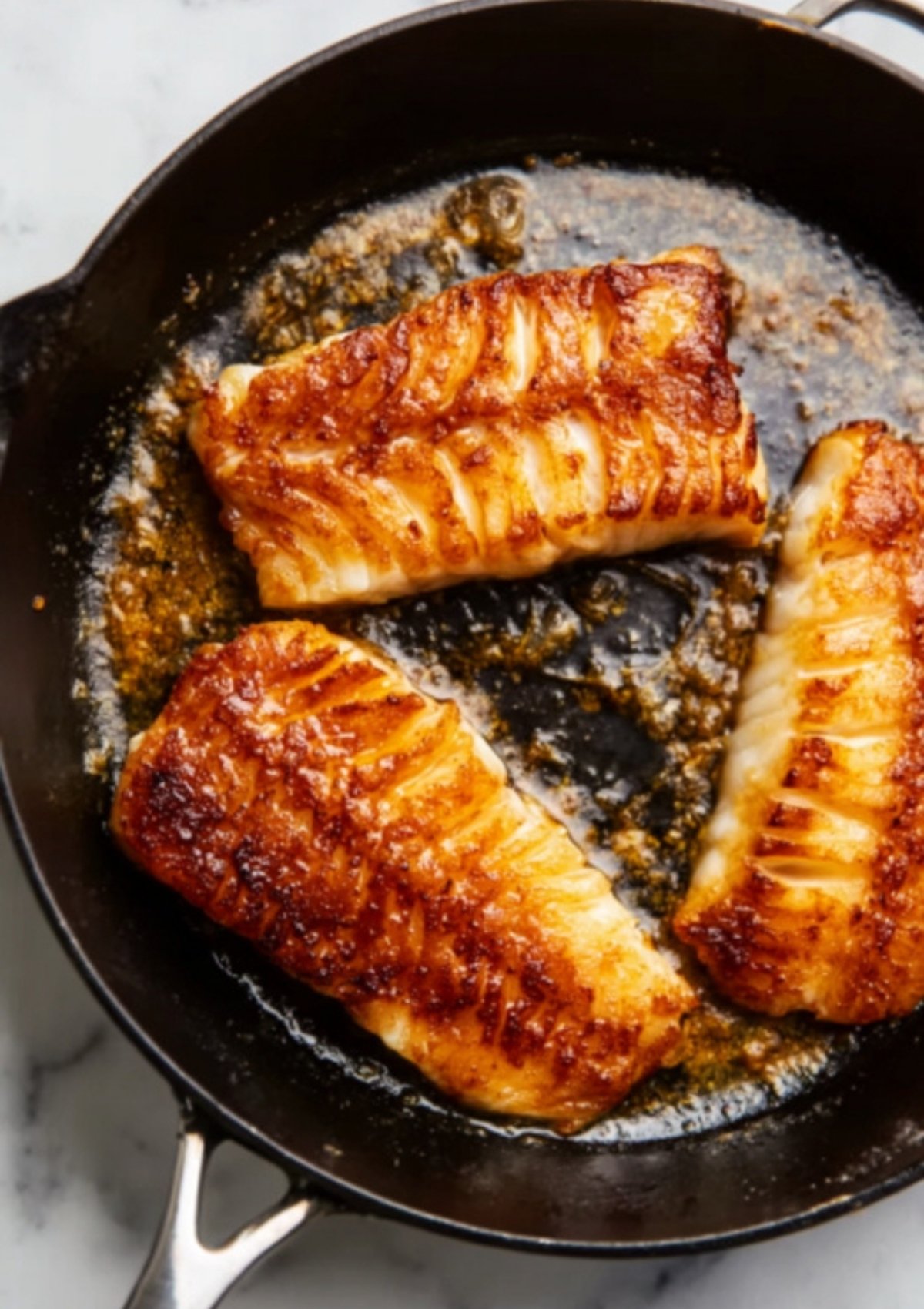Crispy, golden-brown fish fillets searing in a cast iron skillet, ready to be flaked for the best homemade fish tacos.