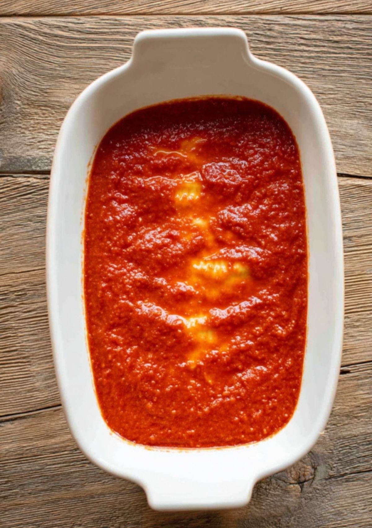 White baking dish with a thick layer of rich red marinara sauce, the base for assembling chicken and spinach stuffed shells.