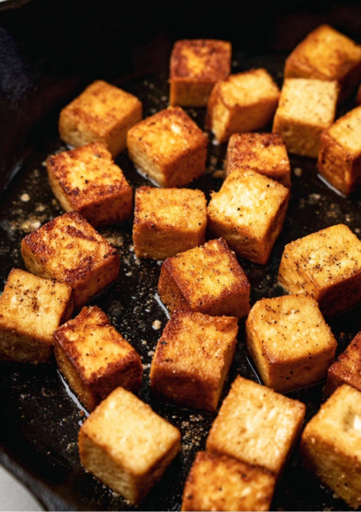 Golden brown tofu cubes crisping in a skillet, ideal for adding plant-based protein to stir-fry bowls, vegan lunches, and Asian-inspired dinners.