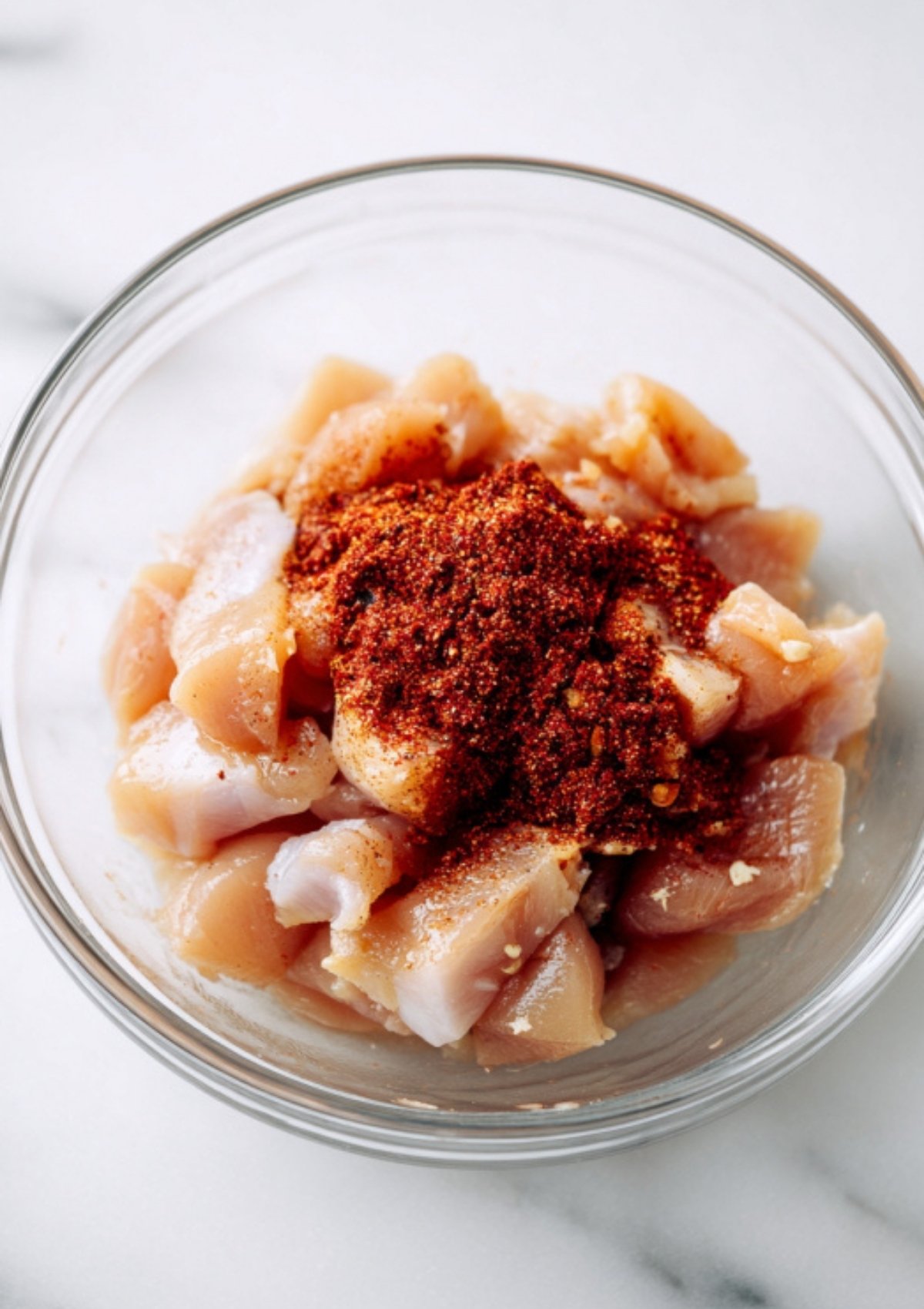 Raw chicken breast cubes in a glass bowl topped with Tex-Mex spices, ready to cook for creamy chicken fajita pasta.