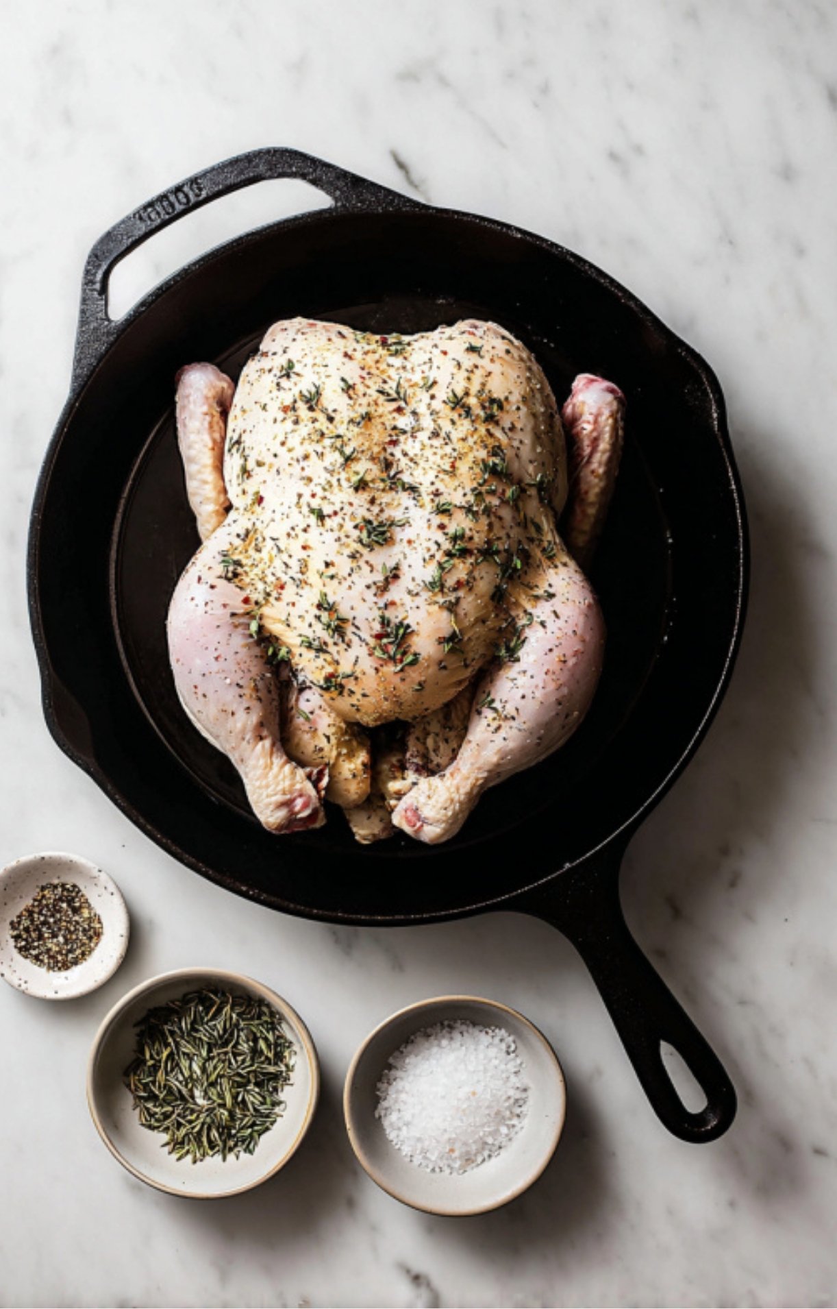 Raw whole chicken in cast iron skillet with fresh herbs, salt, and pepper ready to roast for an easy family meal