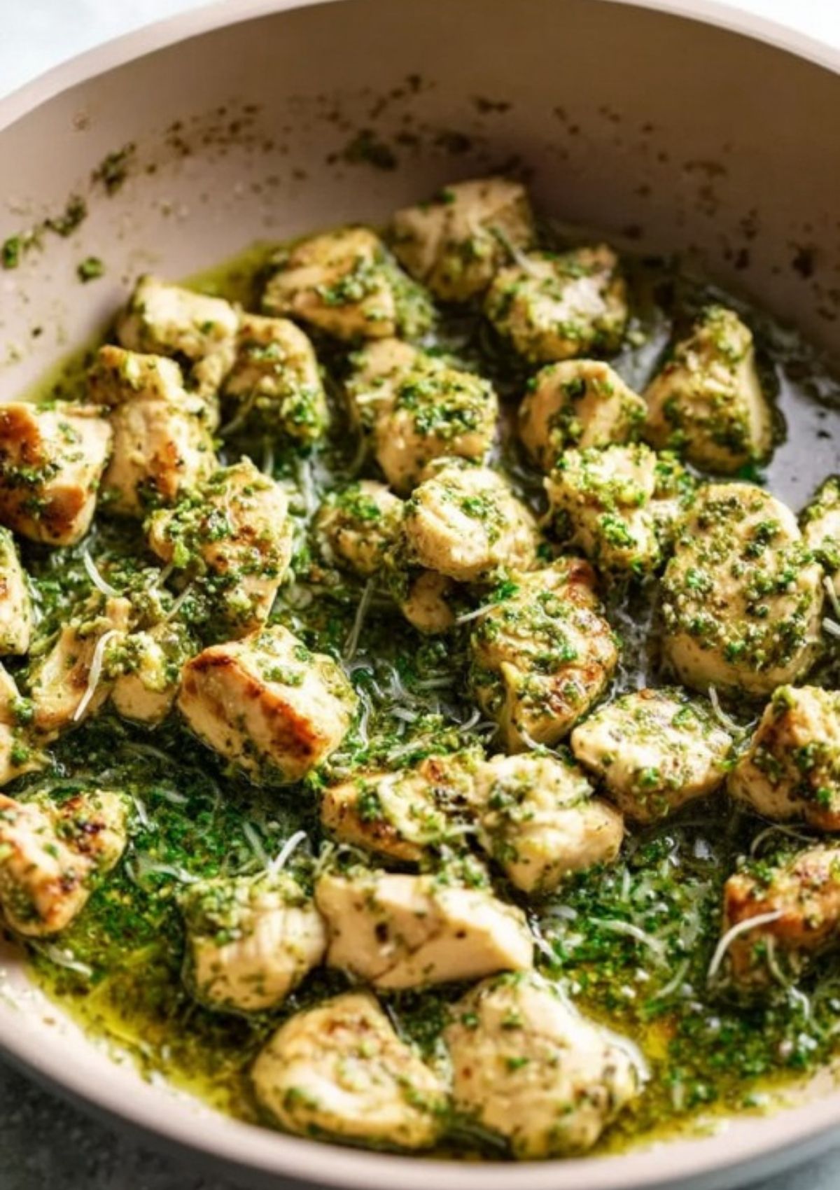 Bite-sized chicken pieces tossed in pesto and parmesan cheese, ready for flatbread assembly.