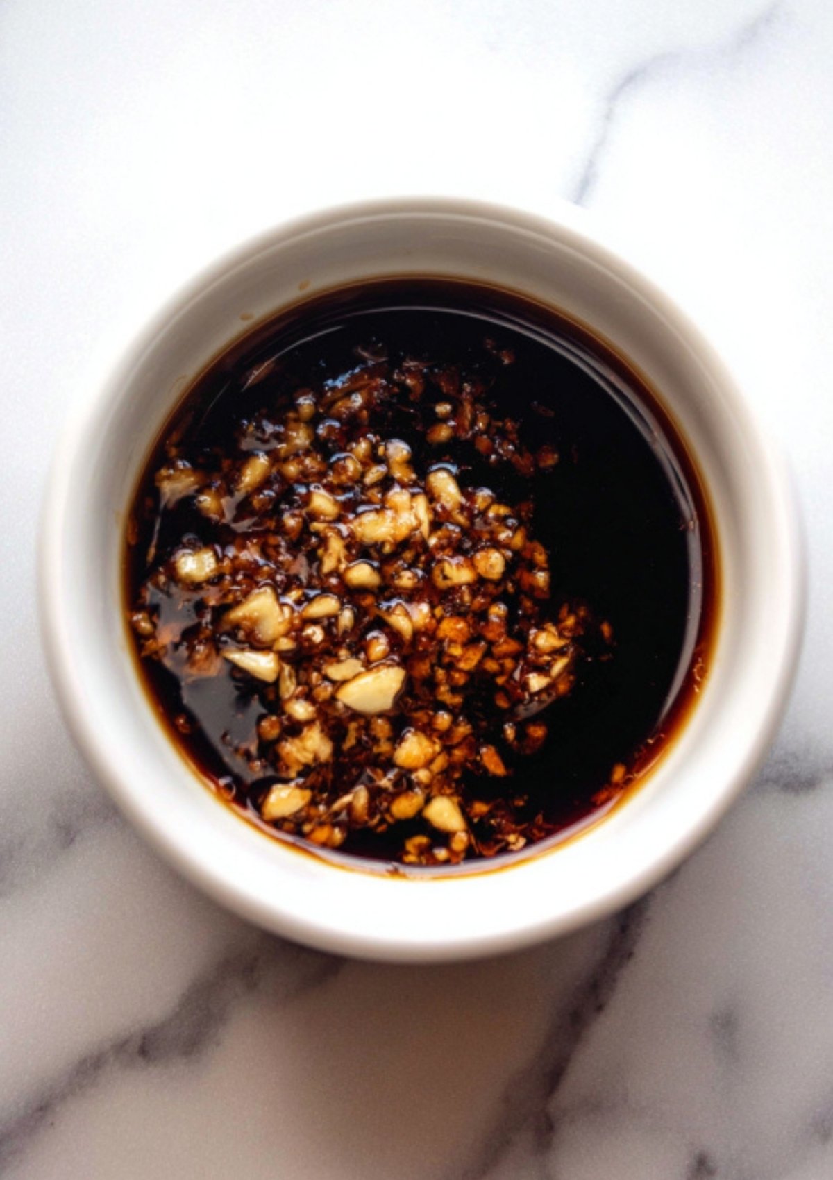 Sesame sauce in a small white bowl with visible minced garlic.