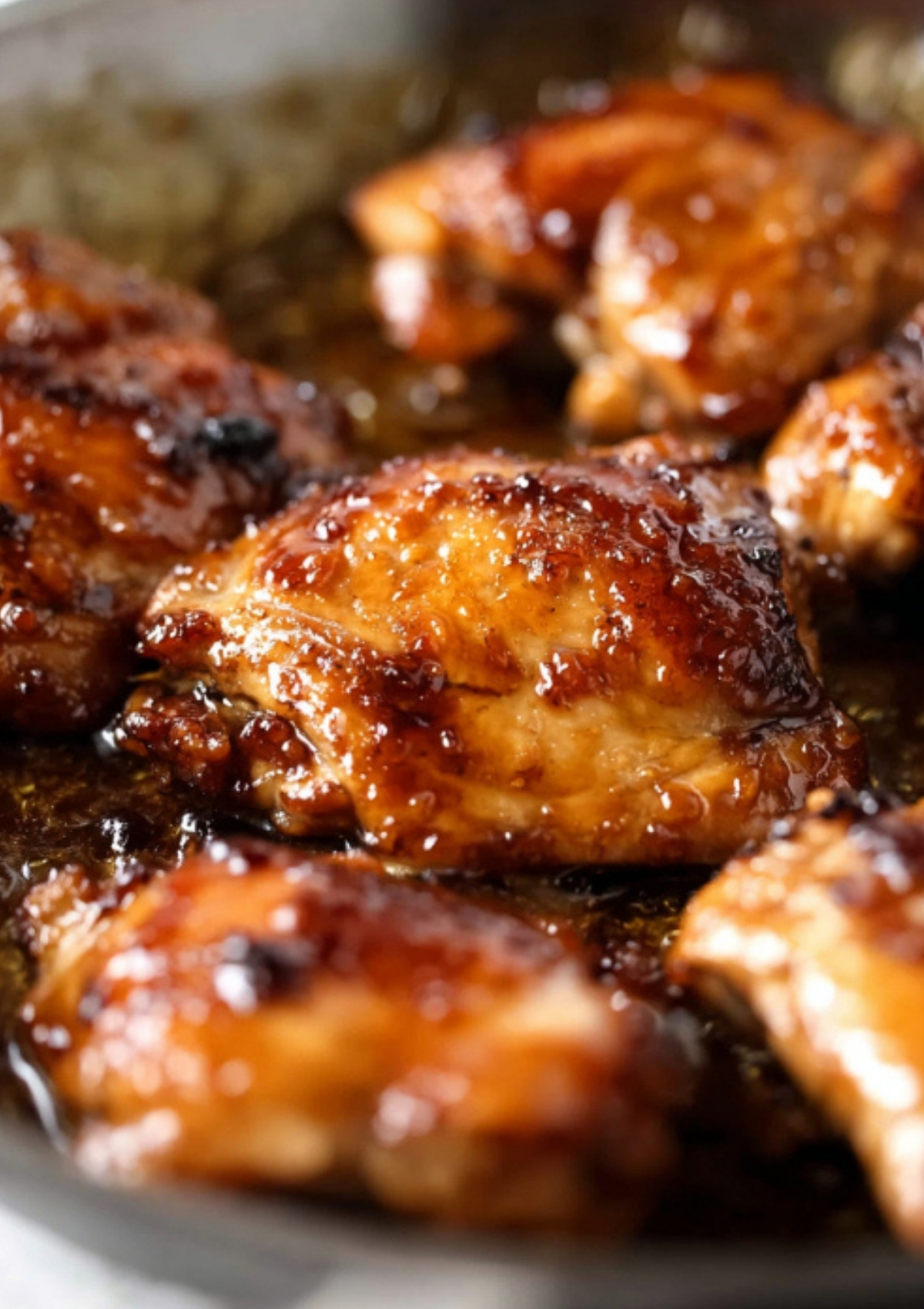 Close-up of chicken thighs simmering in a dark, sticky soy glaze in a skillet.
