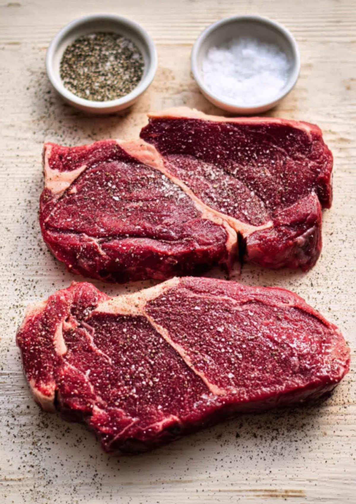 Uncooked beef sirloin steaks seasoned with salt and pepper on a board with bowls of seasoning. Great for steak meal prep and simple beef recipes.
