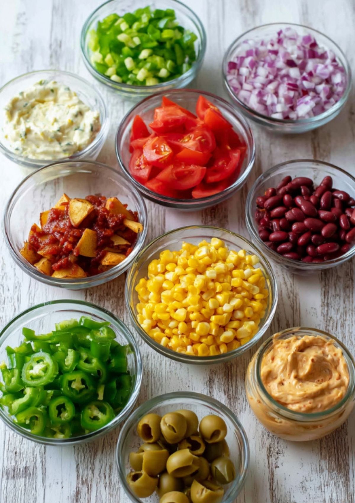 Overhead shot of glass bowls filled with chopped vegetables, beans, olives, corn, and sauces for nacho toppings.