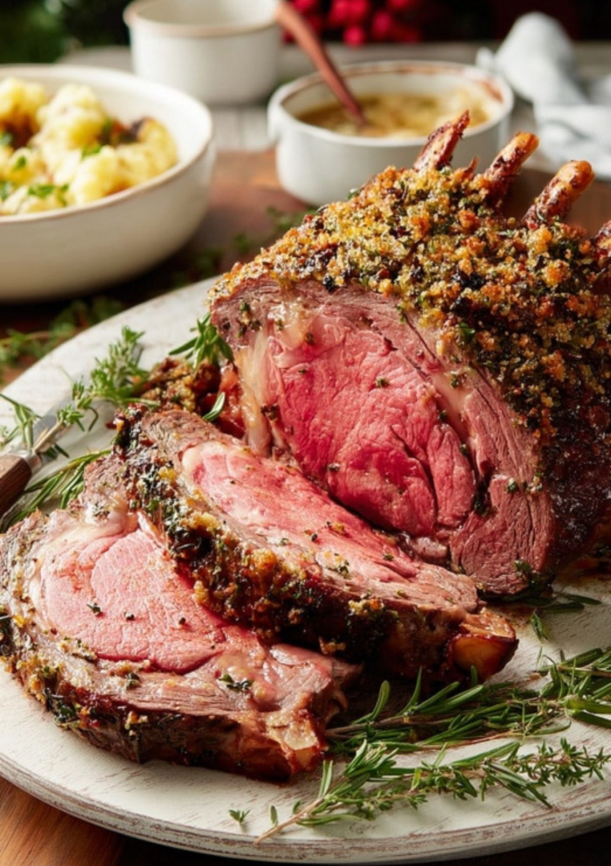 Sliced prime rib roast with herb crust on a plate next to creamy mashed potatoes and fresh thyme