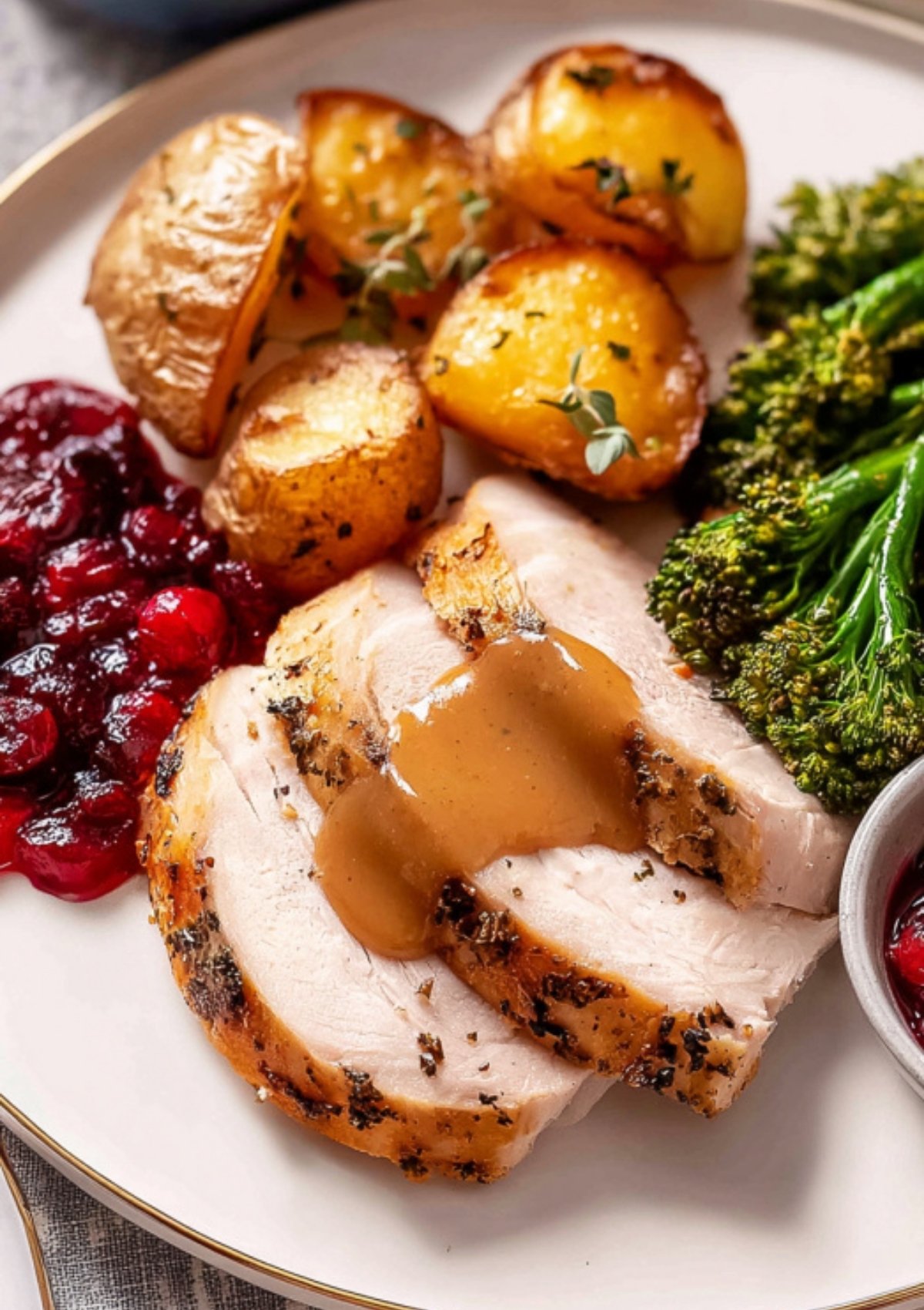 Slices of Butterball turkey breast with gravy, roasted potatoes, cranberry sauce, and broccolini.