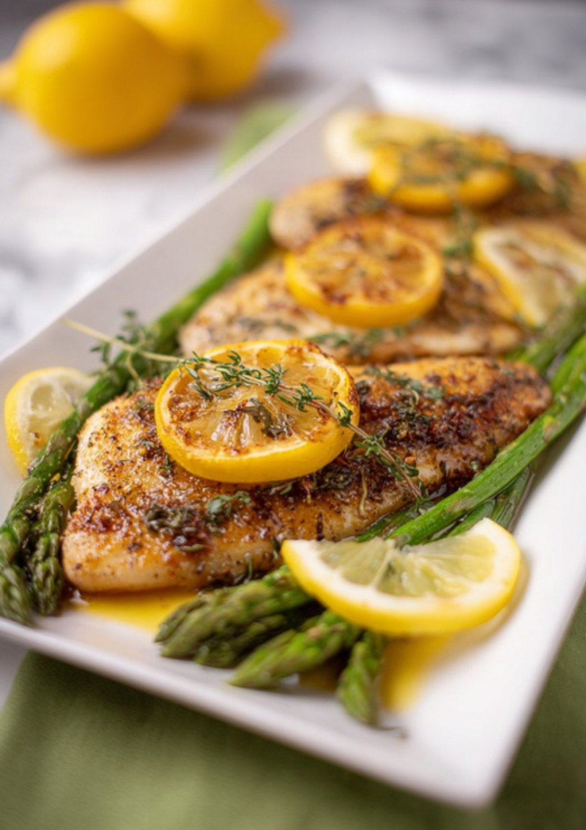 Plate of oven-baked tilapia fillets with asparagus, lemon slices, and fresh thyme, lemons in the background.